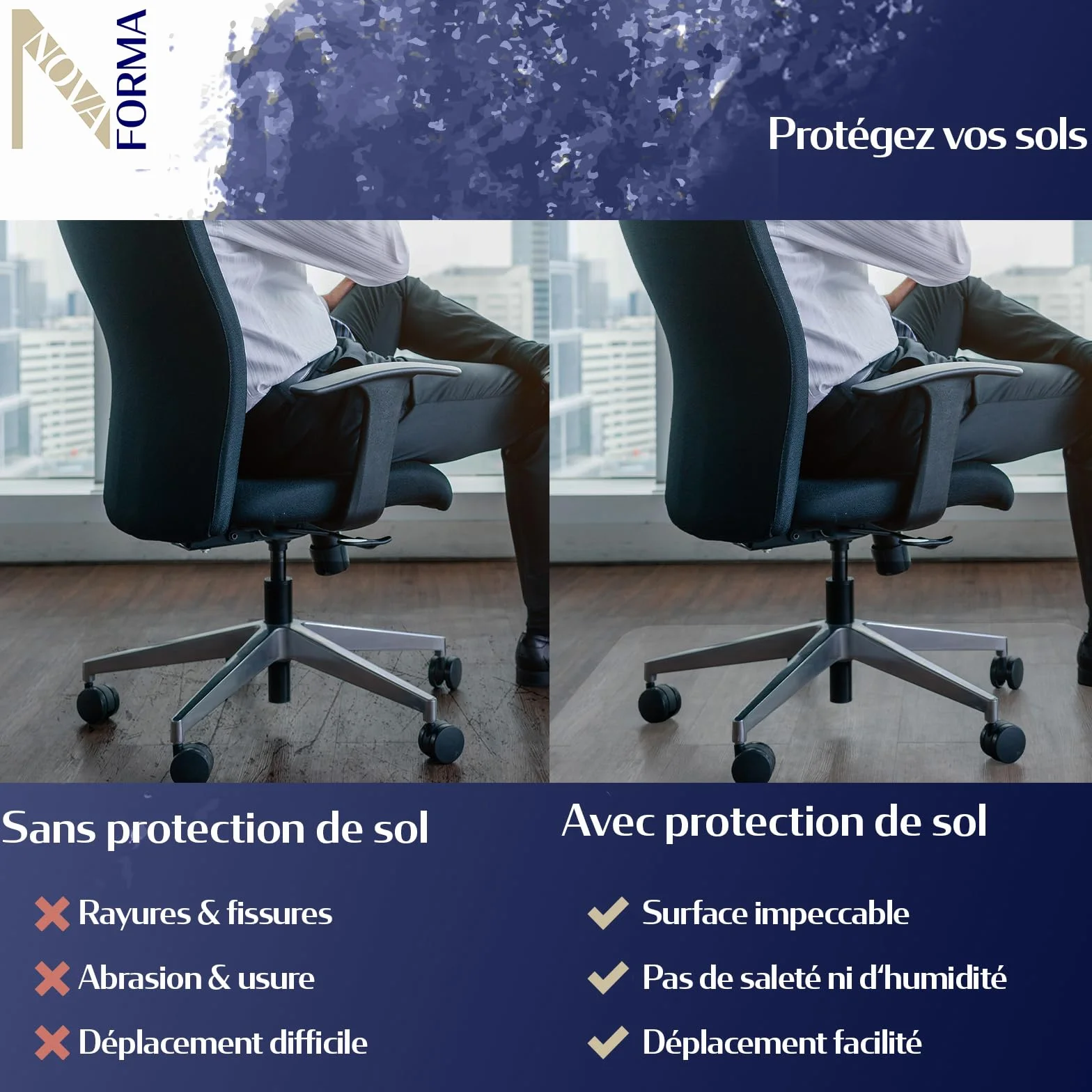 NOVA FORMA Tapis de Protection de Sol en Pet recyclé pour sols durs – Tapis antidérapant sous Chaise de Bureau – Protège Sol Contre Les Rayures & Les salissures – 116 x 150 cm, Transparent