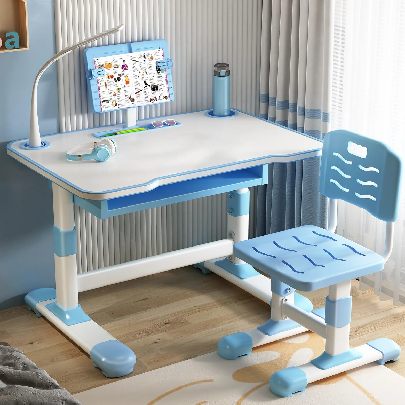 Ensemble bureau et chaise réglable hauteur, support lecture inclinable, tiroir extra large, lampe LED pour enfants 3-18 ans, école, maison, bleu