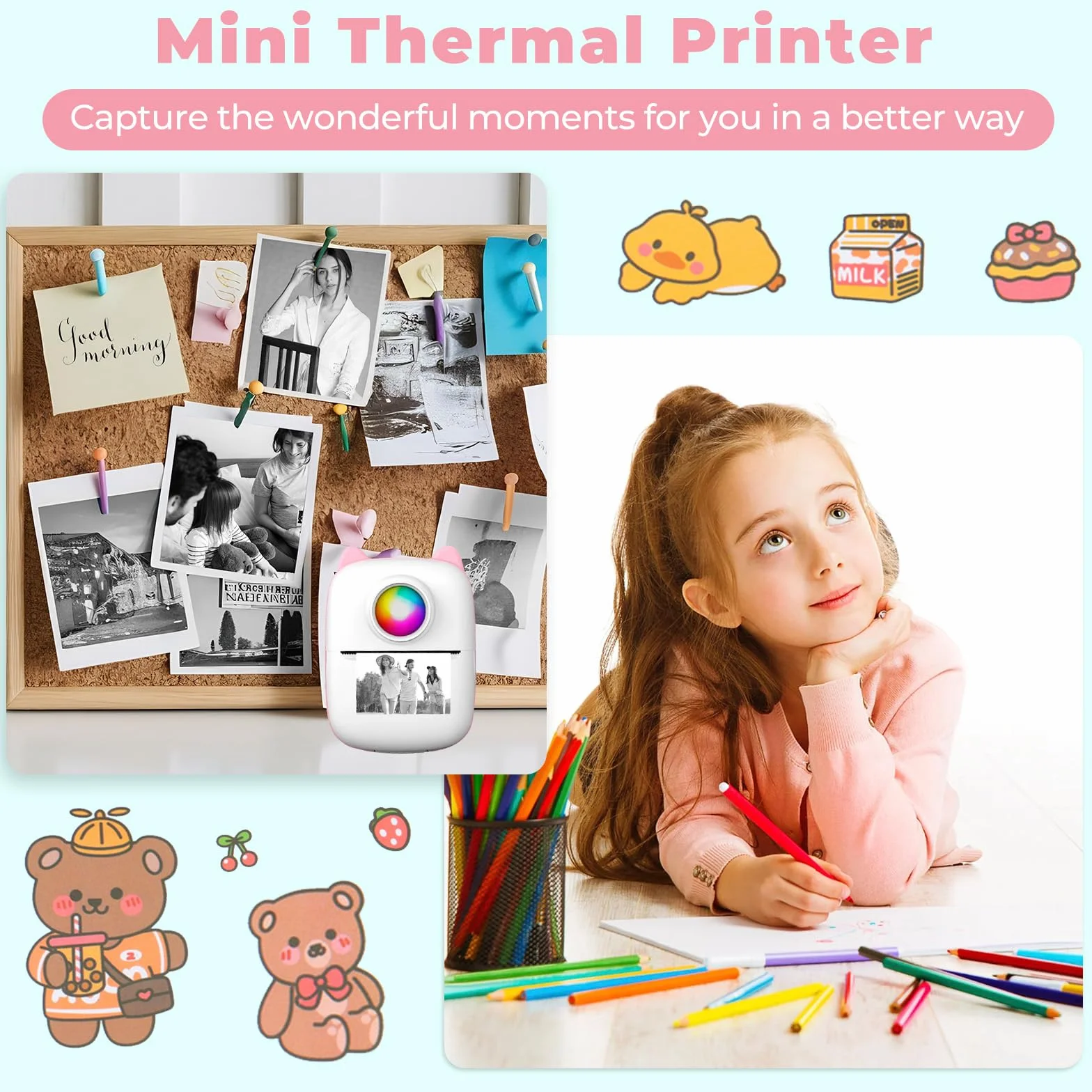 Mini Imprimante Portable Bluetooth Thermique sans Encre pour iOS Android Notes Photos Journal Étiquettes Rose