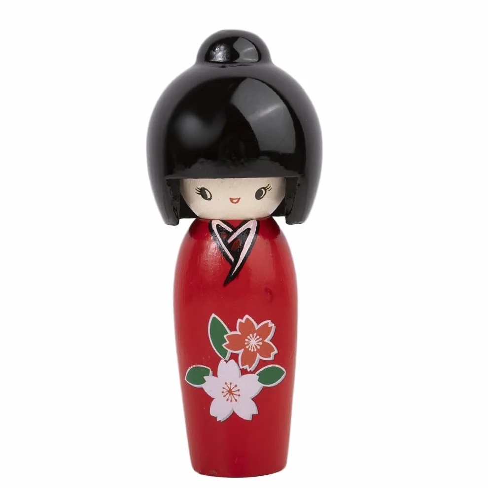 Kokeshi Japonaise Sérénité Rouge 14,5 cm - Poupée Japonaise en Bois, Kimono Fleurs de Cerisier - Figurine Déco Japonaise Traditionnelle