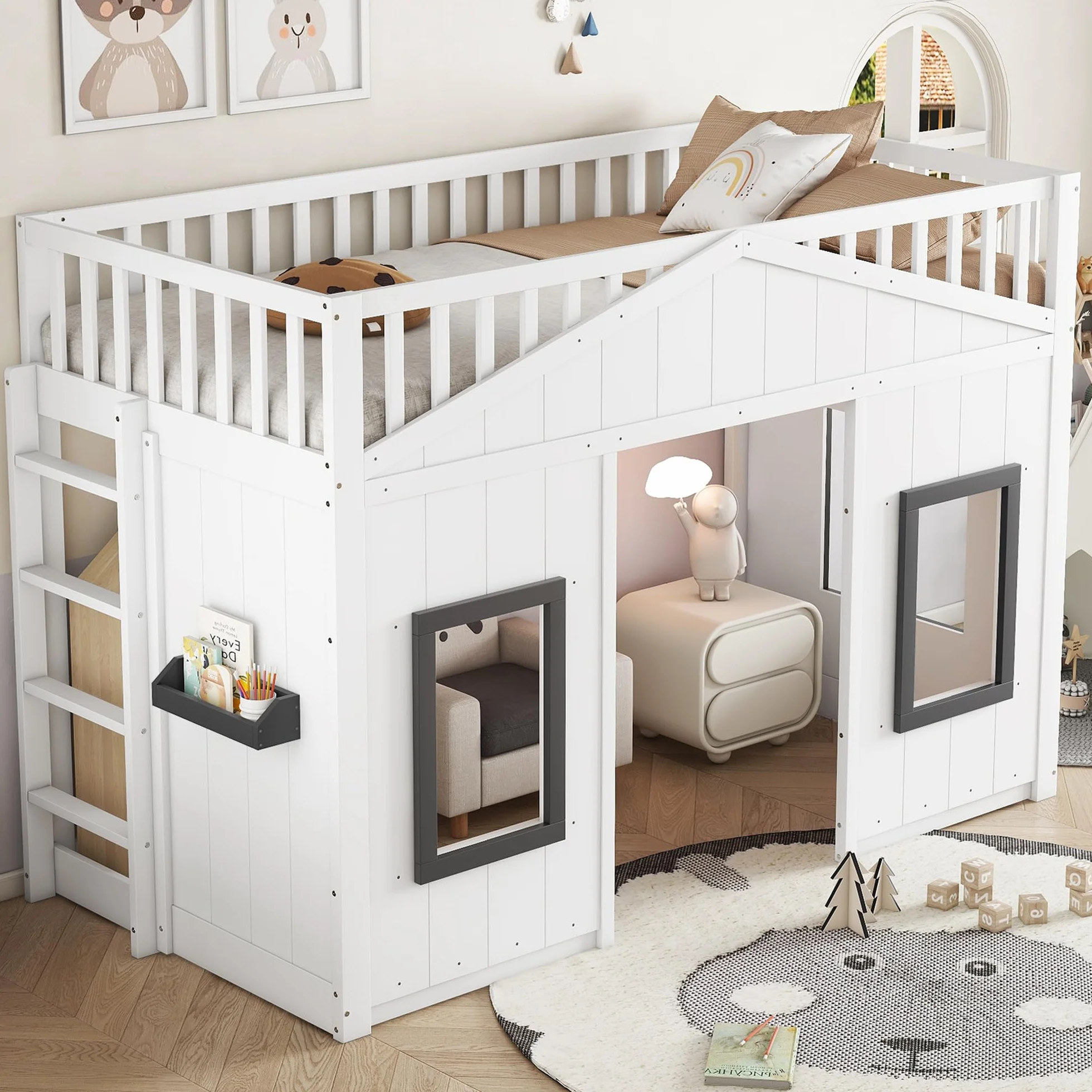 Lit cabane Enfants 90x200 avec Escalier, Lit Enfant avec Fenêtre et Rangement Sous le Lit Modulable, Lit Superposé Enfant Simple avec Barrière Anti-Chute et Rambarde, Structure en pin et MDF, Blanc
