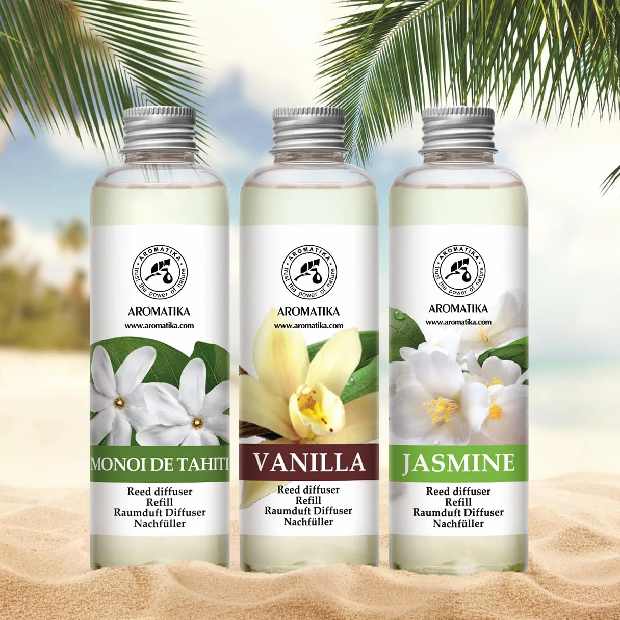 Recharge Diffuseurs de Parfum 3x200ml Monoï de Tahiti Vanille Jasmin - Parfum d'Ambance Frais Longue Durée