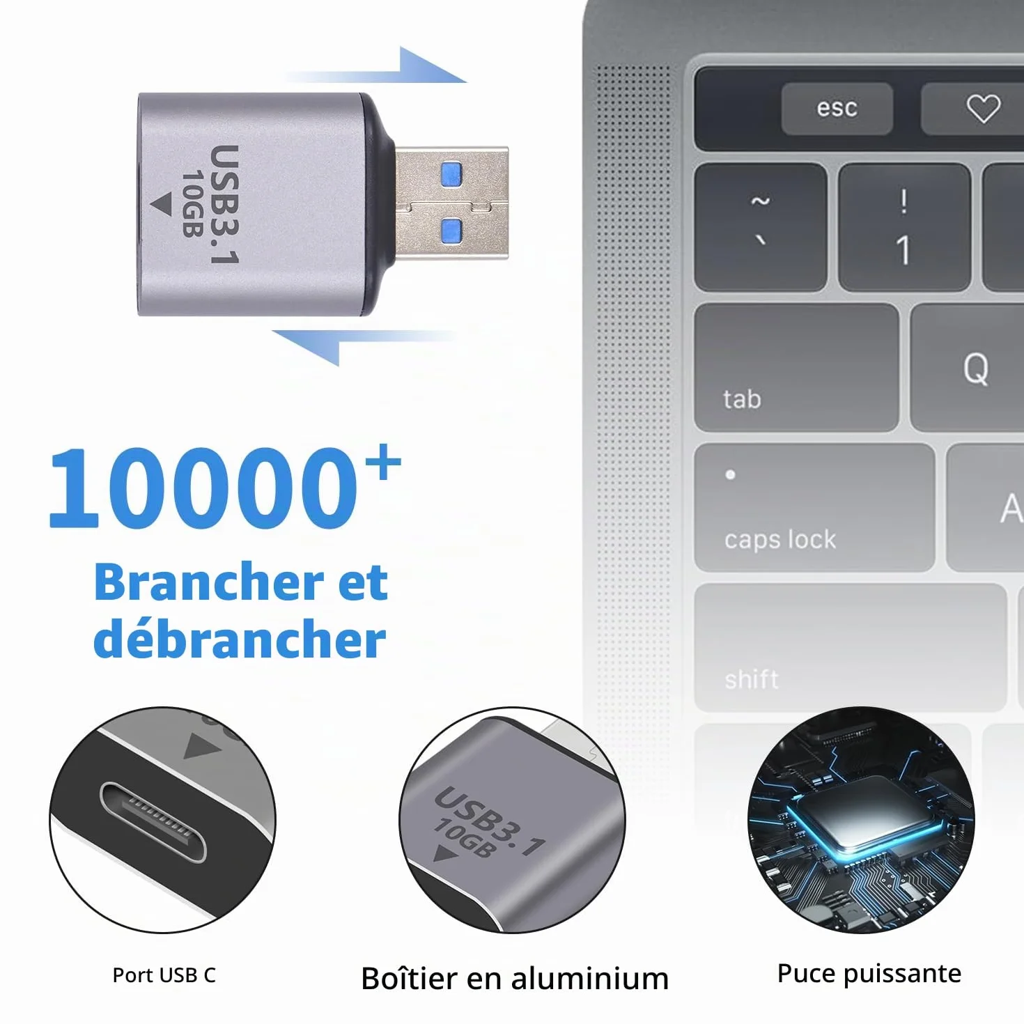 Duttek Adaptateur USB C Femelle vers Mâle USB 10Gbps, USBC vers A OTG Charge Rapide pour iPhone MacBook PC