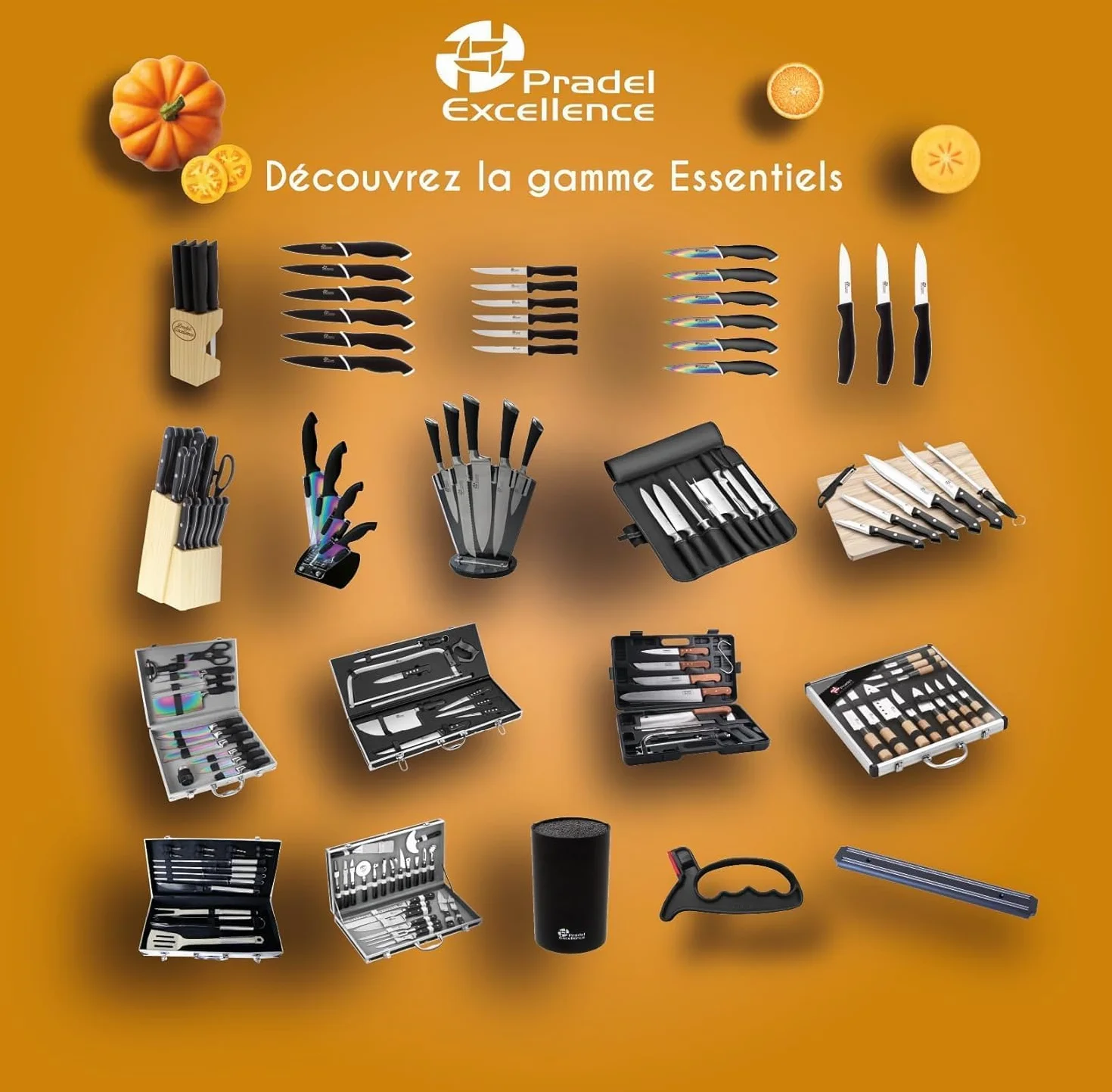 Pradel Excellence - PCOT001008 - Mallette Couteaux de Chasse 8 Pièces - 4 Couteaux + 1 Couperet + 1 Scie + 1 Crochet + 1 Fusil d’Affûtage - Lames Inox - Manches Rivetés en Bois de Rose