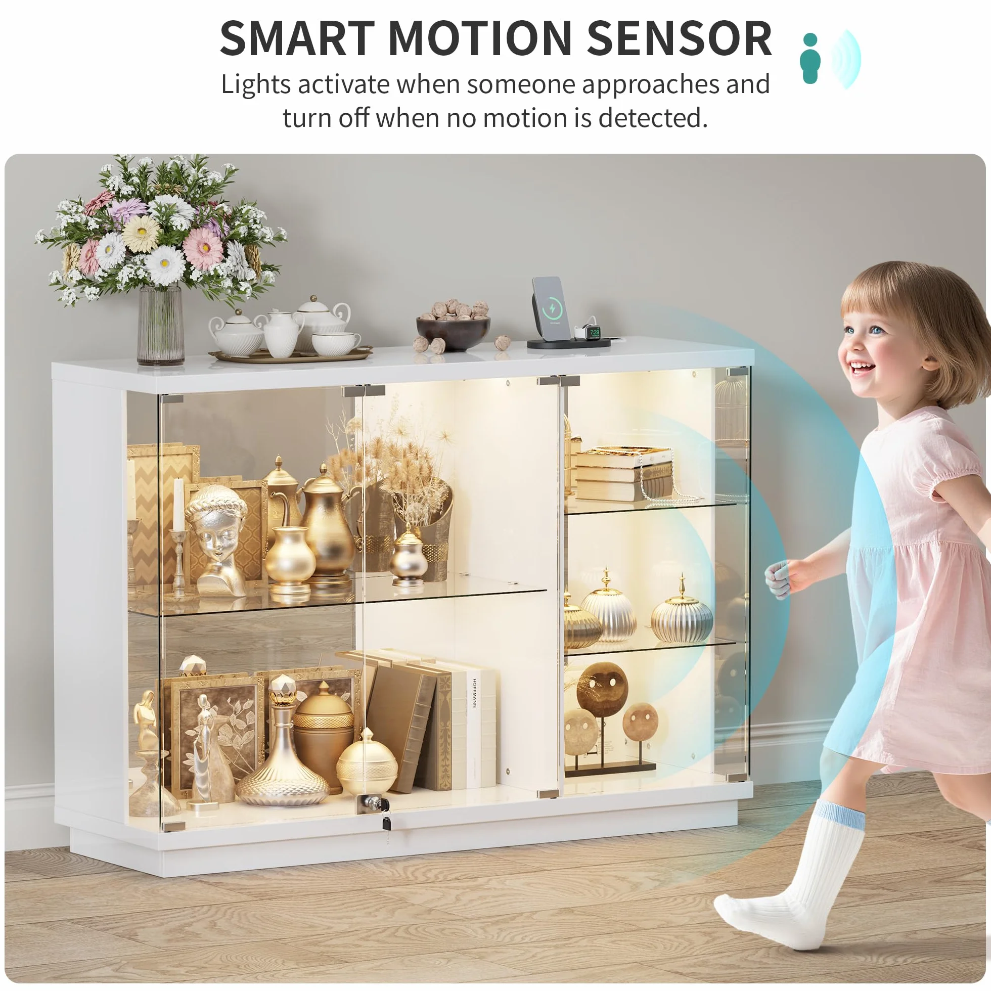 Vitrine pour Collection avec éclairage LED - Portes Vitrées Verrouillables,Vitrine en Verre avec Capteurs,Vitrines de Collection à 3 Niveaux Vitrines pour Salon,Chambre,Blanc