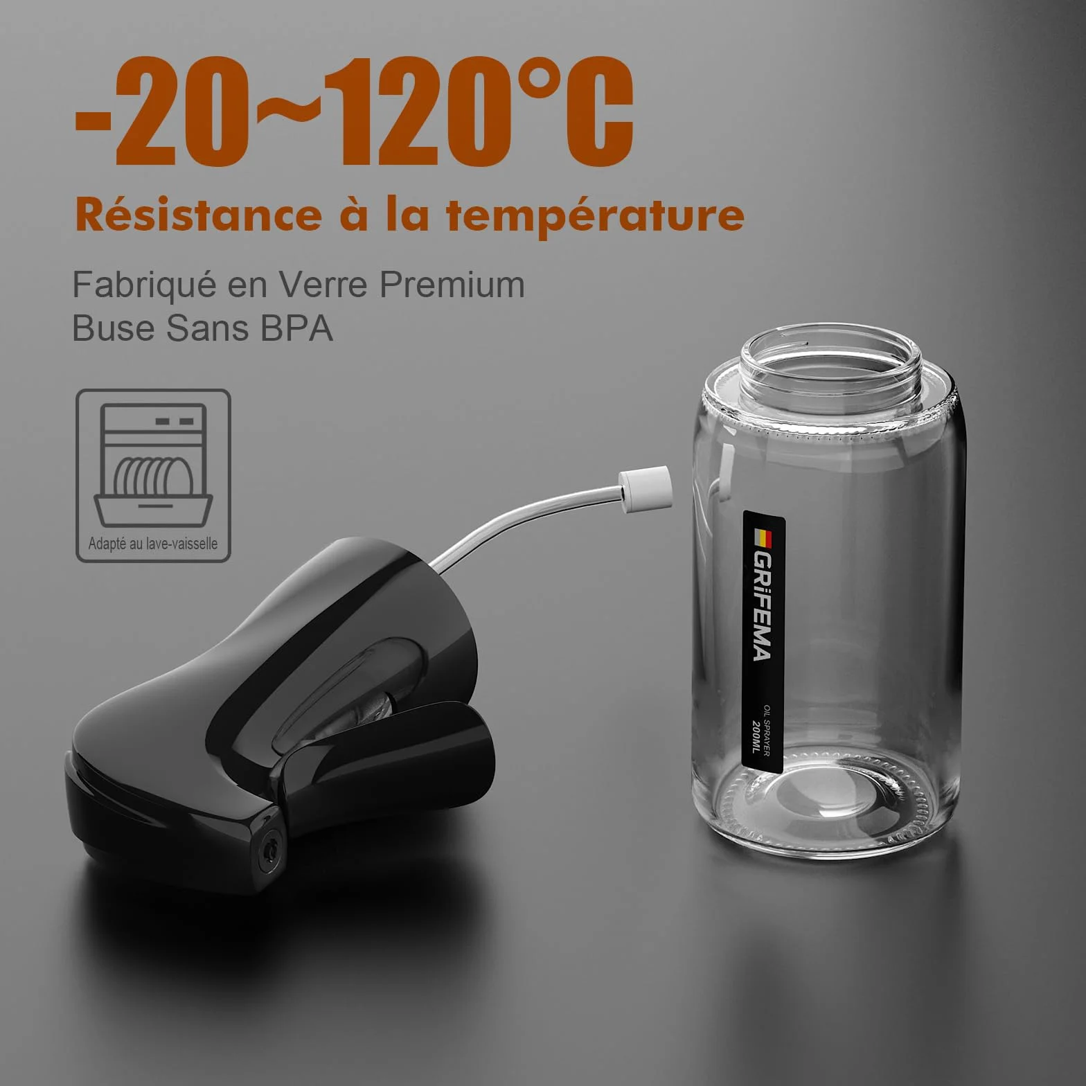 GRIFEMA Spray d'Huile à Jet Contrôlé 200 ml en Verre – Distributeur Antigoutte pour Huile et Vinaigre, Contrôle des Portions, Friteuse à Air, Grillades et Cuisine