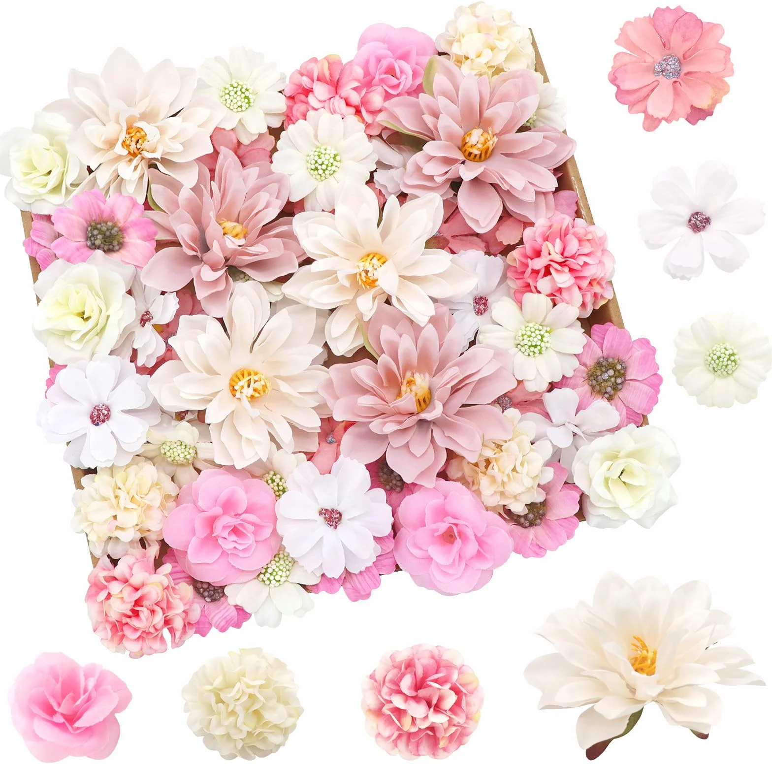 YSUVIN 50 Fleurs Artificielles Deco, Fausse Fleur Decoration, 10 Types, Tete de Fleur pour Mariages Fêtes