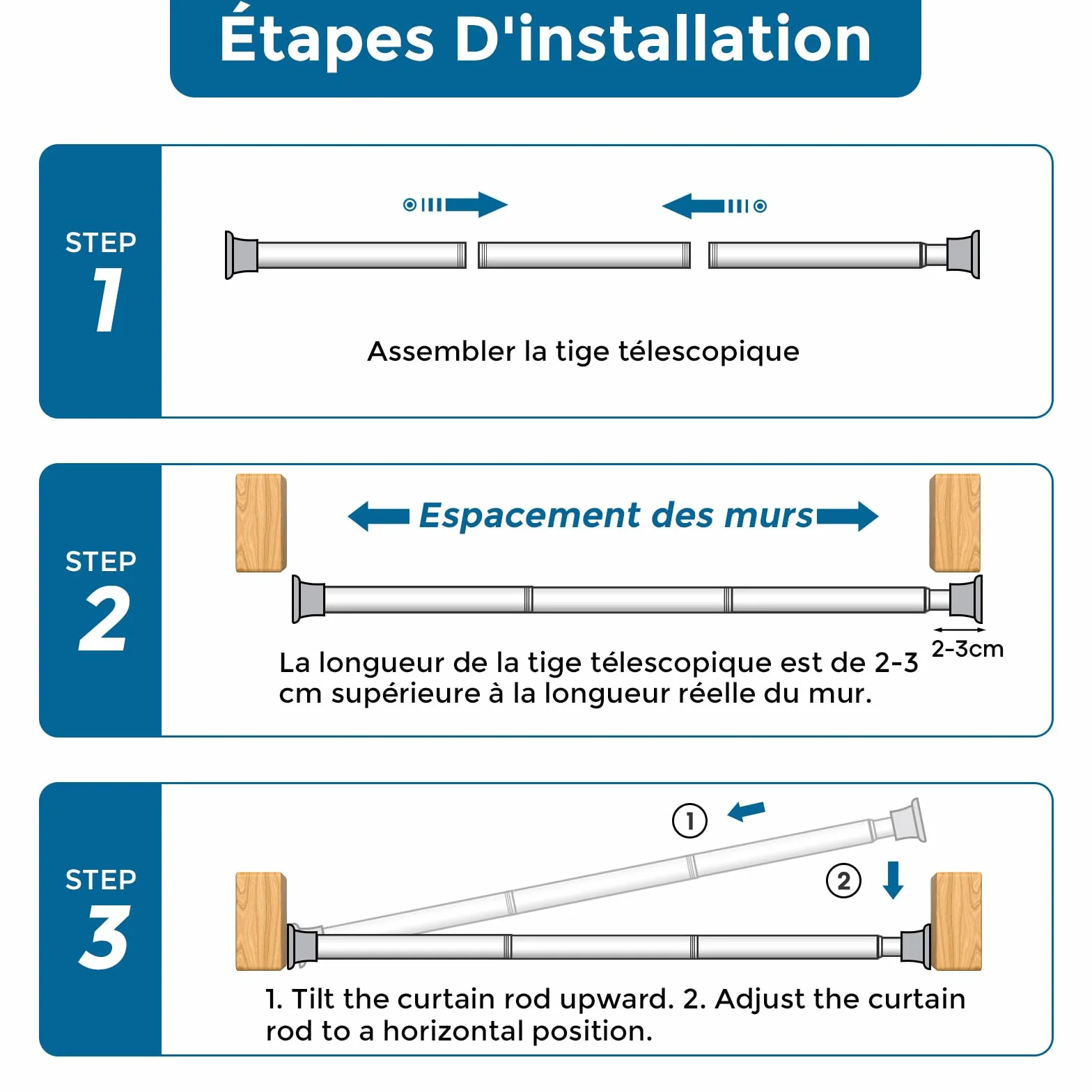 AIZESI Barre Rideau Sans Percage Extensible 60-120 cm Blanc Diamètre 18 mm