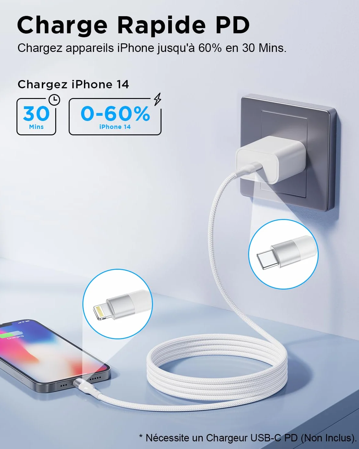 Câble USB C vers Lightning 1M MFi Charge Rapide Power Delivery Nylon pour iPhone 14 13 12 11 Pro Max