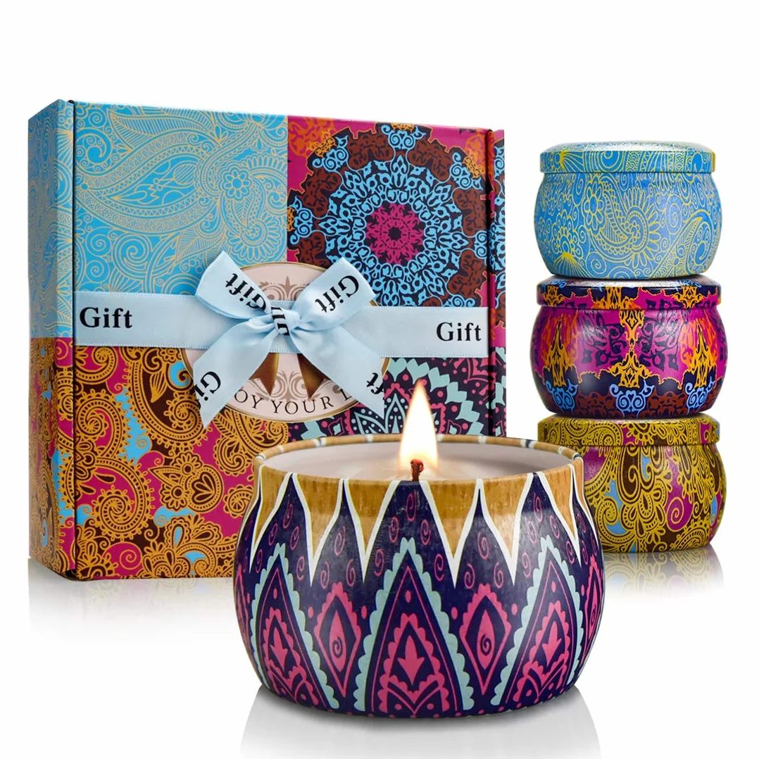 Bougies Parfumées 4 Pièces 125g Cire de Soja Lavande Fig Coffret Cadeau Anniversaire Maman