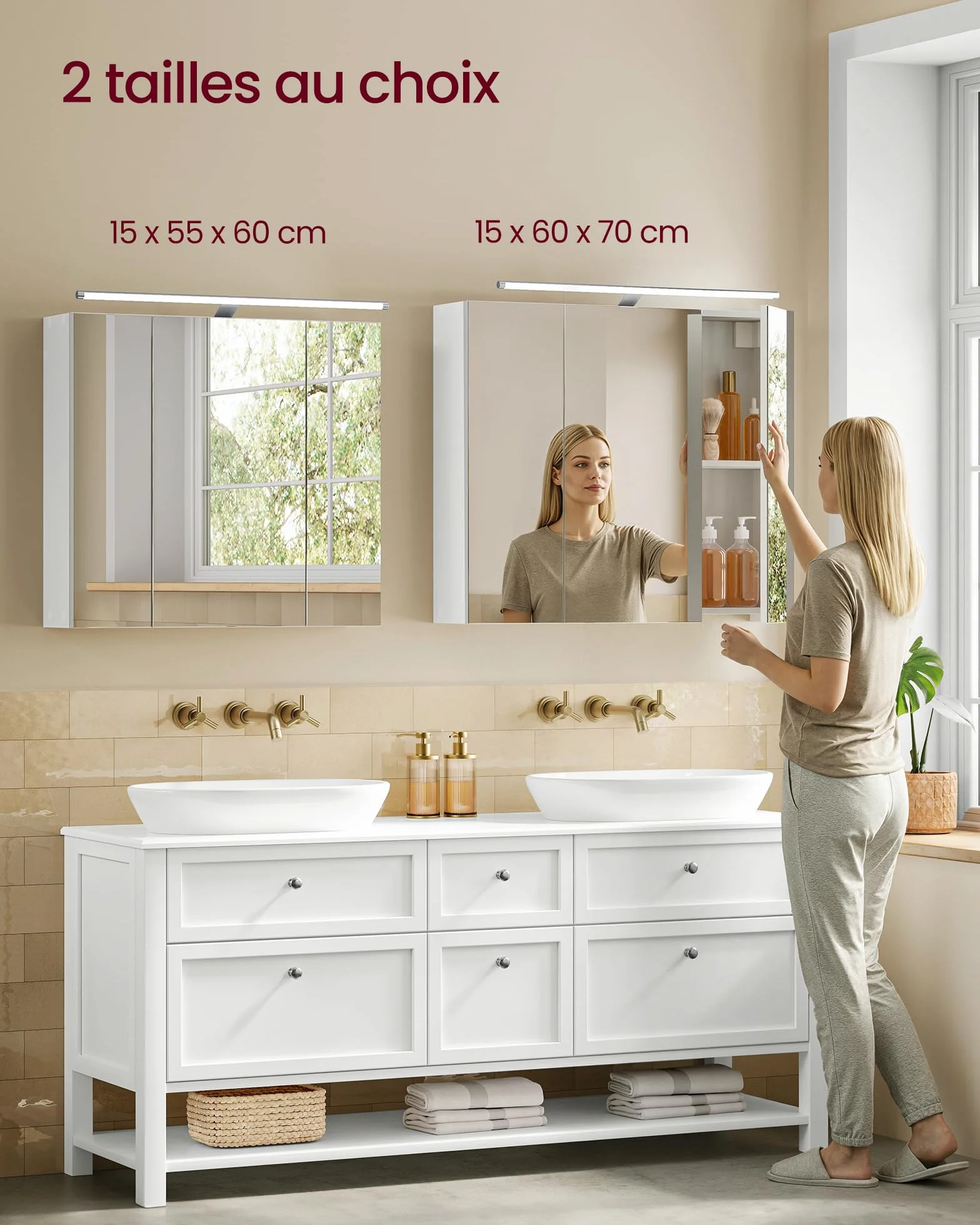 VASAGLE Kailyn Collection - Armoire Murale à 3 Portes Miroir avec Éclairage, Meuble de Salle de Bain, Étagères Réglables, Style Moderne, 15 x 70 x 60 cm, Blanc Nuage BBK139WB01