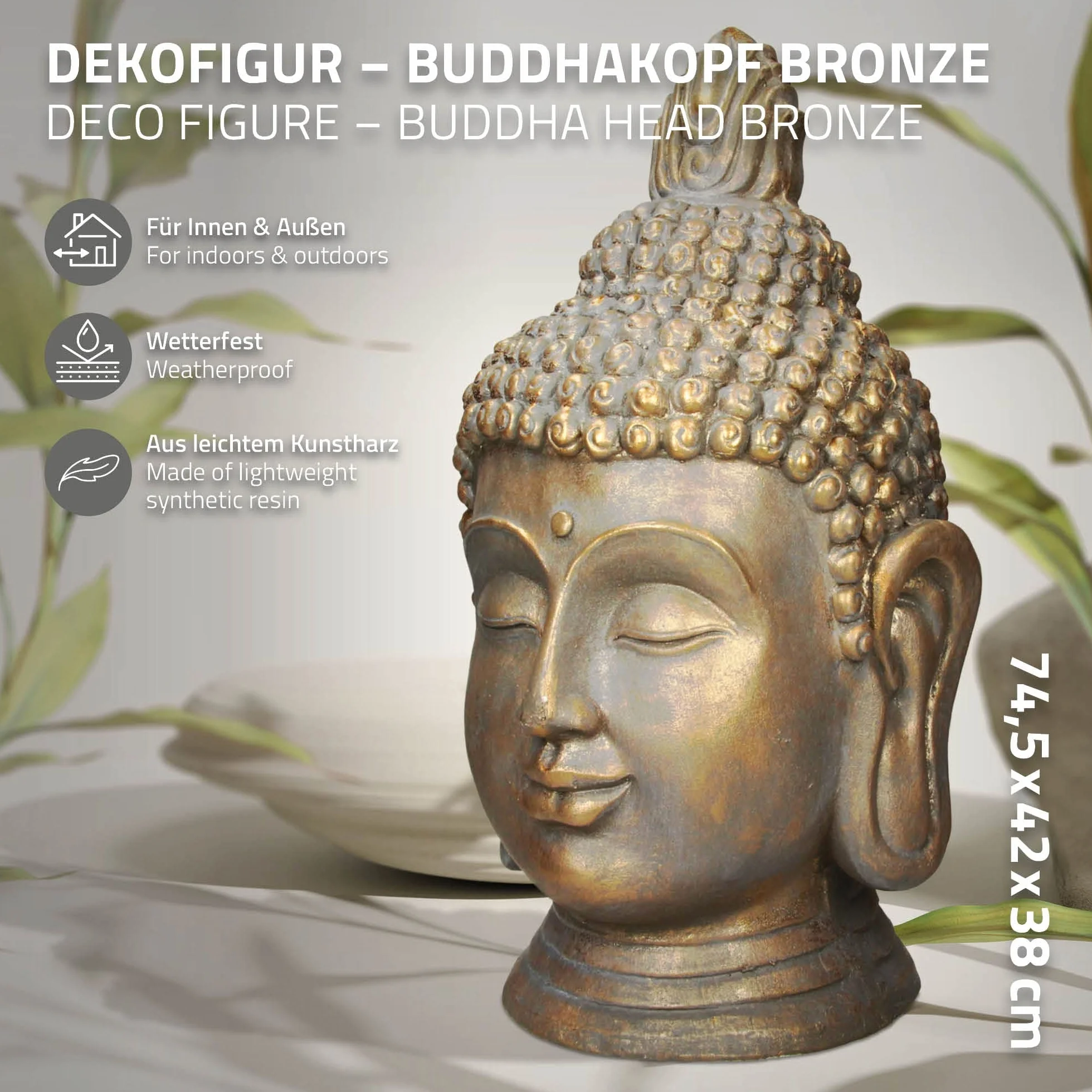 ECD Germany Statue Tête de Bouddha 74,5 cm Polyrésine Aspect Bronze Décoration Intérieur Extérieur