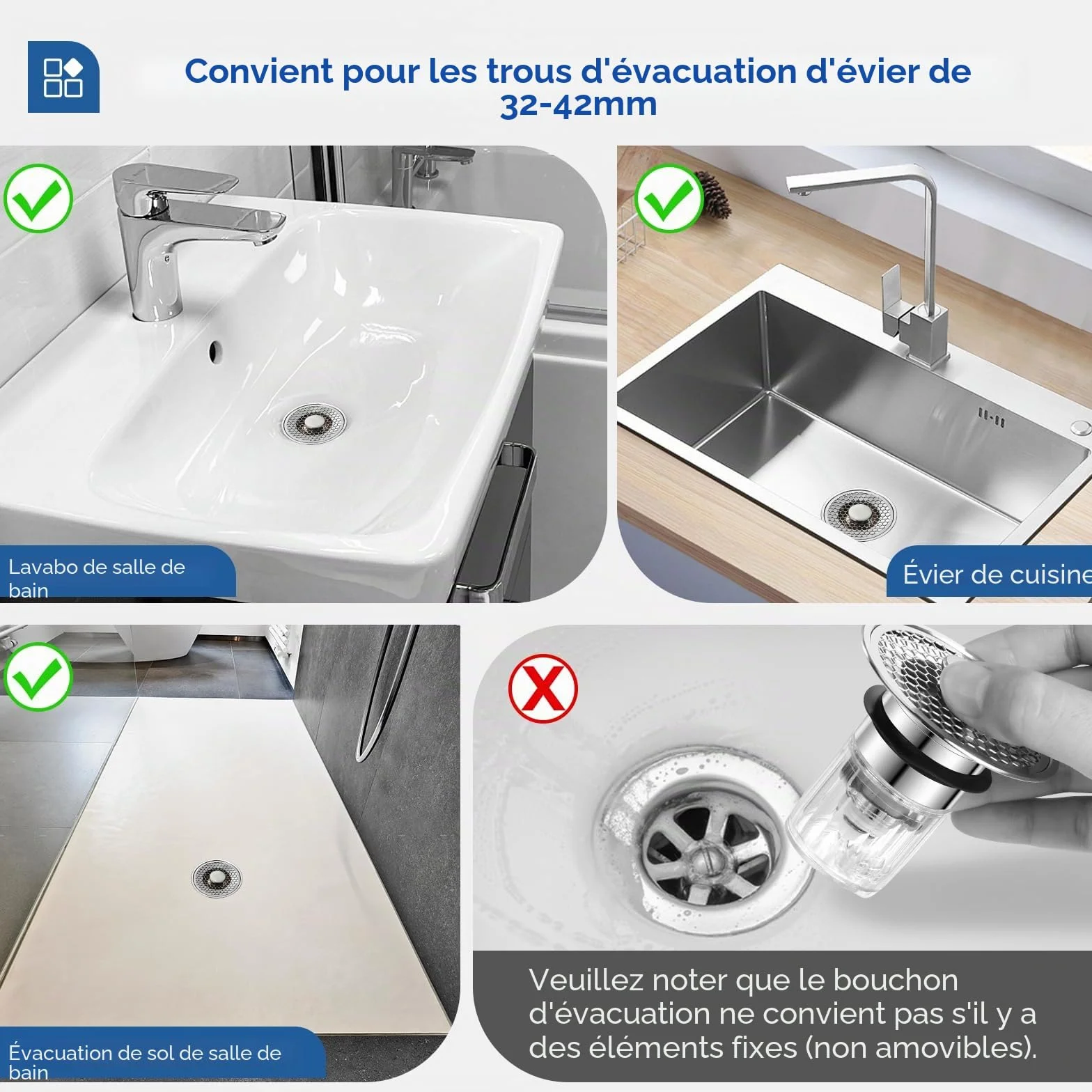 Bonde de Lavabo Universel 32-42mm, Bouchon Pop-Up Anti-Clogging et Anti-Odeur pour Salle de Bain Cuisine