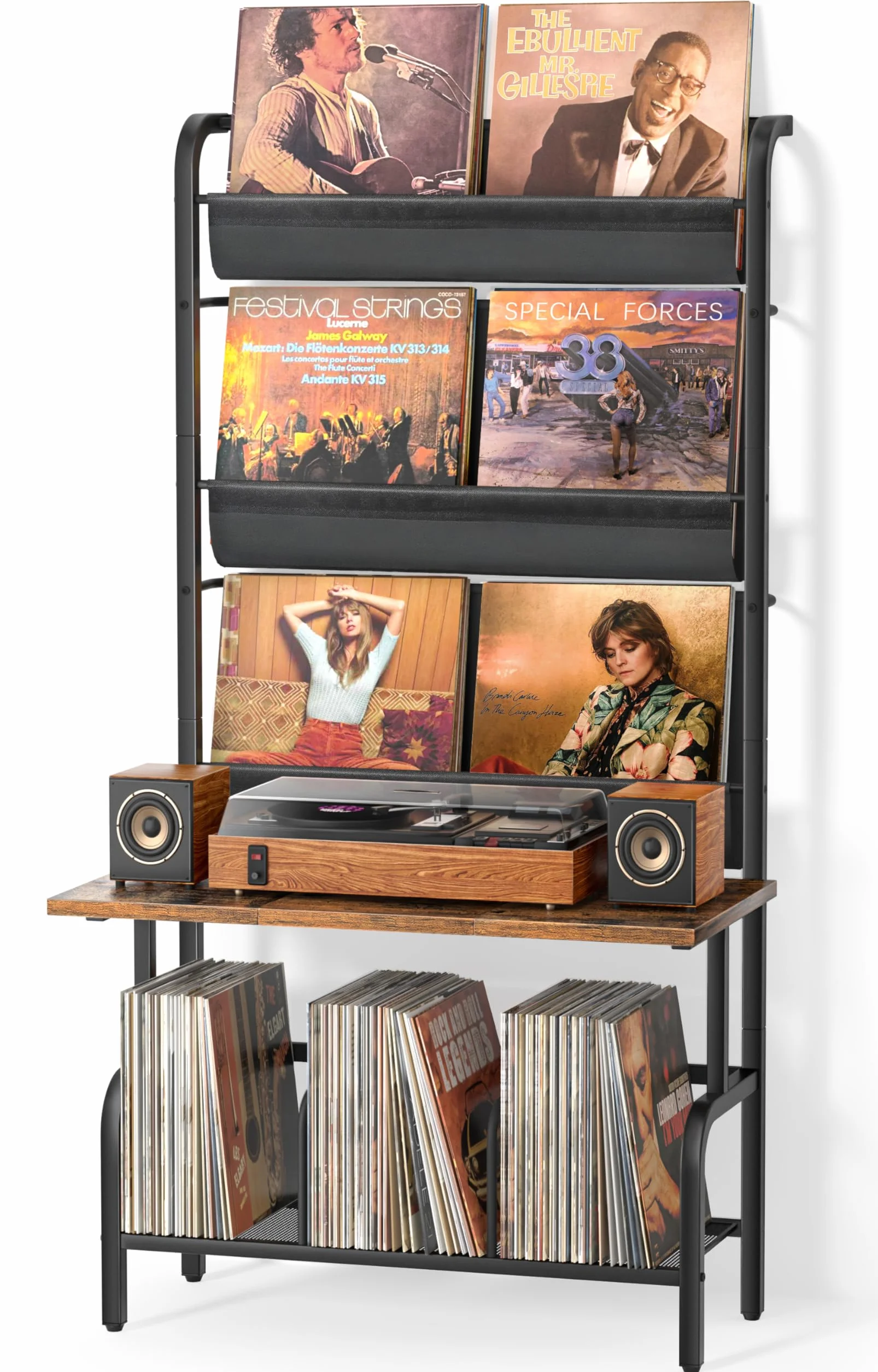 Bikoney Meuble Tourne-disque avec Rangement Vinyles – Support Platine Vinyle pour Jusqu’à 300 Albums, Table de Tourne-disque Vintage, Étagère de Rangement pour Disques et Stéréo Plus Grand