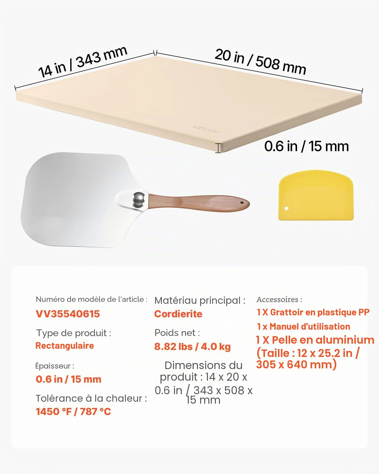 VEVOR Pierre à pizza rectangulaire en cordiérite 50,8 x 35,5 cm, pierre de cuisson extra large avec pelle en aluminium, résistante à la chaleur, épaisseur 1,5 cm, pour four, cuisson du pain, barbecue
