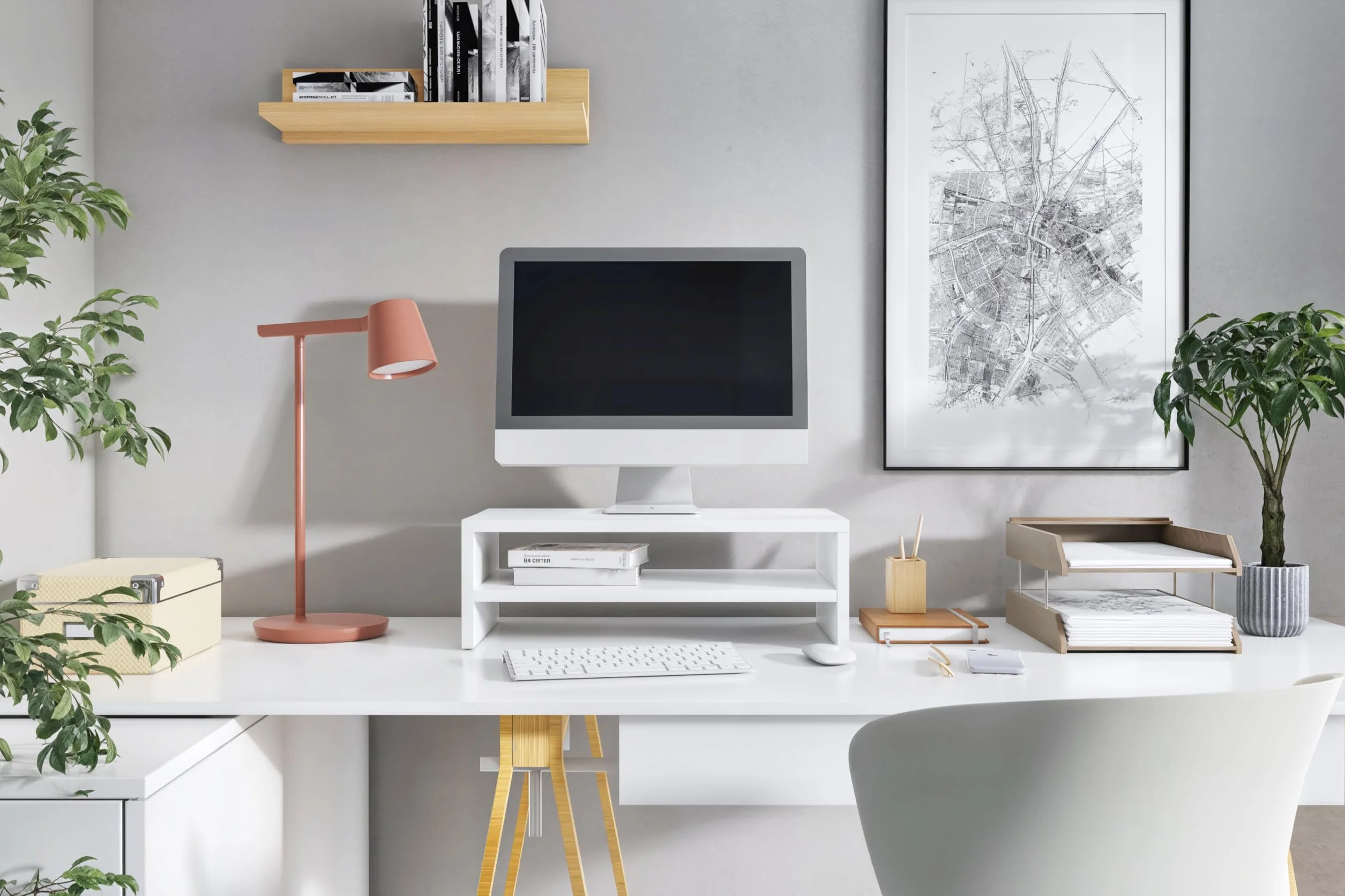 Stojak na monitor, 2 półki, Stojak na laptopa na biurko, Podstawka pod monitor, laptopa, drukarkę z półką, idealny do pracy w domu lub do biura, Biały