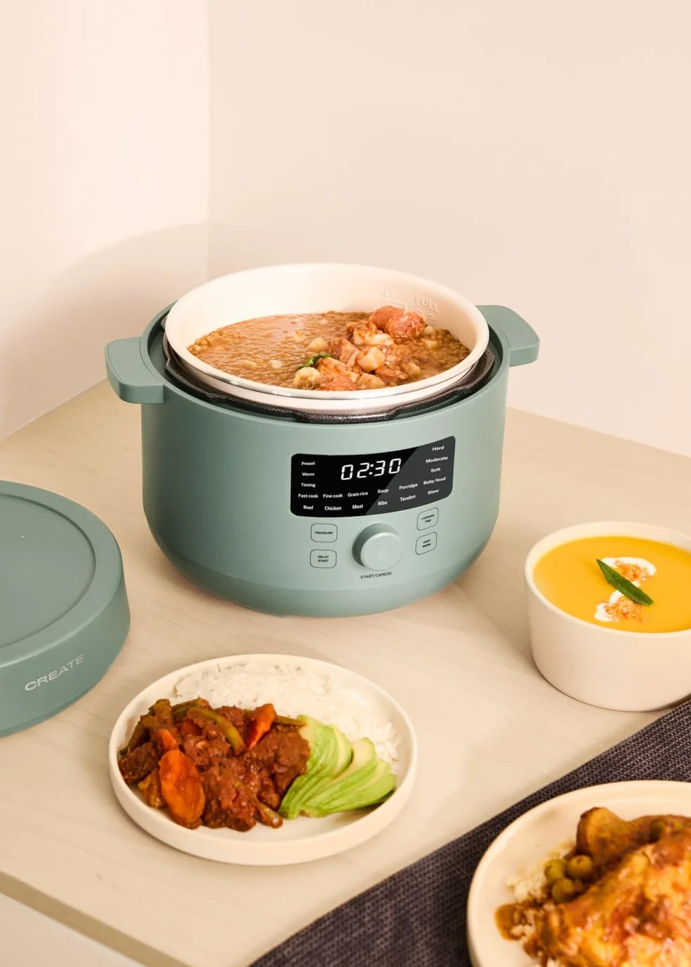 CREATE/PRESSURE COOKER STUDIO/Autocuiseur électrique multifonction programmable 4L vert sauge / 15 fonctions, minuterie 24h, revêtement céramique antiadhésif, valve de sécurité, 1200W