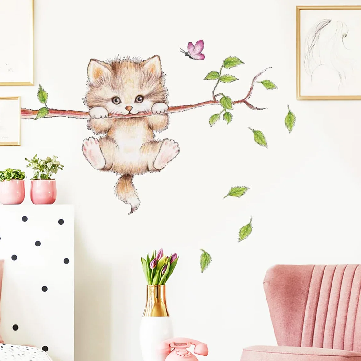WandSticker4U® Autocollant mural CHAT MIGNON 77x55 cm animaux forêt arbre branche fleurs décoration murale chambre enfant