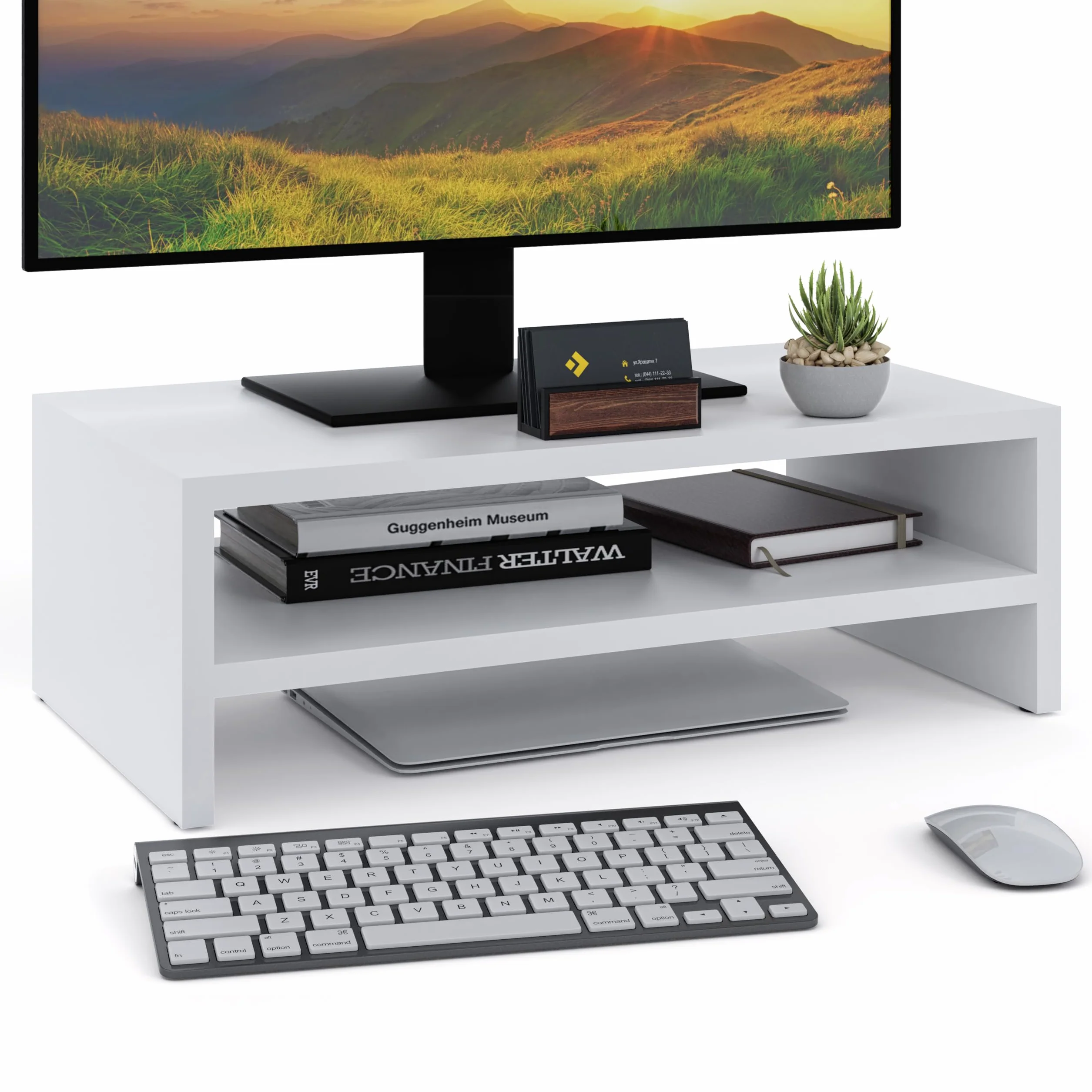 Stojak na monitor, 2 półki, Stojak na laptopa na biurko, Podstawka pod monitor, laptopa, drukarkę z półką, idealny do pracy w domu lub do biura, Biały