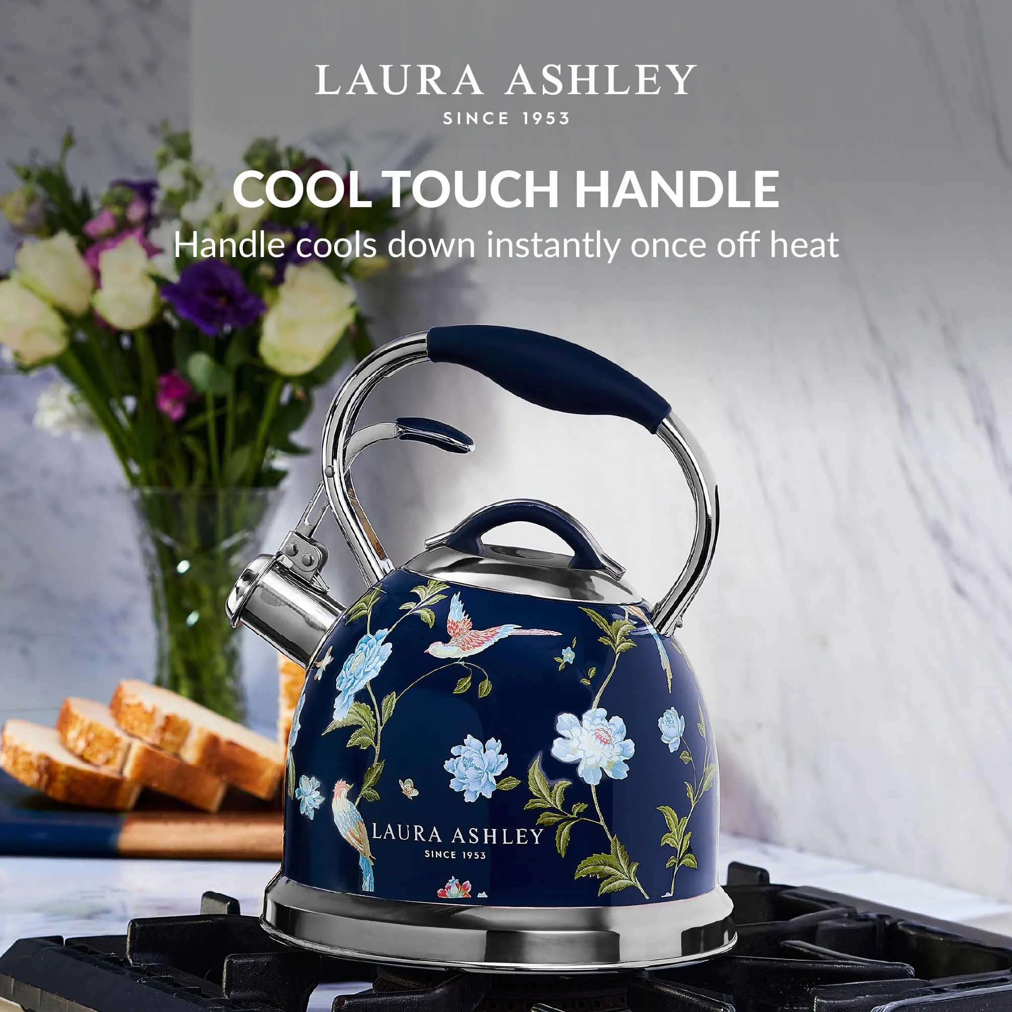 Laura Ashley Elveden Marine Bouilloire Induction de 2,5 Litres par VQ - Bouilloire Sifflante à Ébullition Rapide pour Gaz, Induction ou Autres Cuisinières avec Mécanisme à Bouton-Poussoir