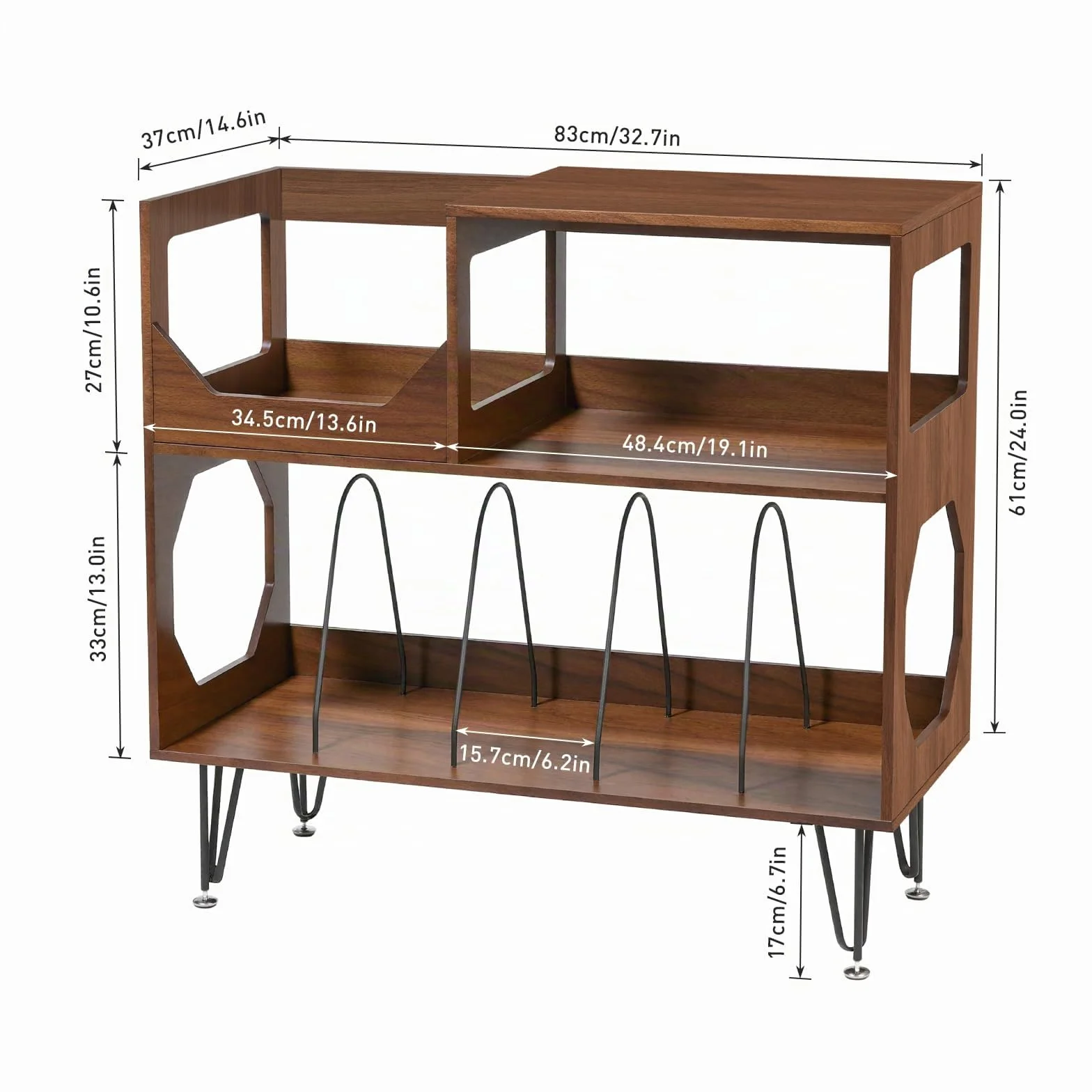 ikkle Grand support de tourne-disque rustique à 2 niveaux avec rangement de disques vinyle, armoire de rangement en vinyle avec pieds en métal, support pour salon, chambre à coucher, peut contenir 370