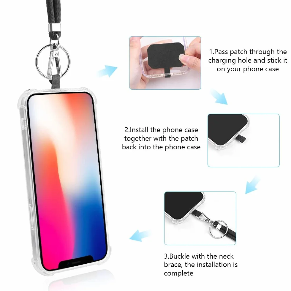 Flintronic Uniwersalny Regulowany Pasek na Telefon Komórkowy - Smycz na Szyję, Ramię i Nadgarstek, Kompatybilny z Większością Etui na Telefony, z Breloczkiem i Naszywką-Czarny