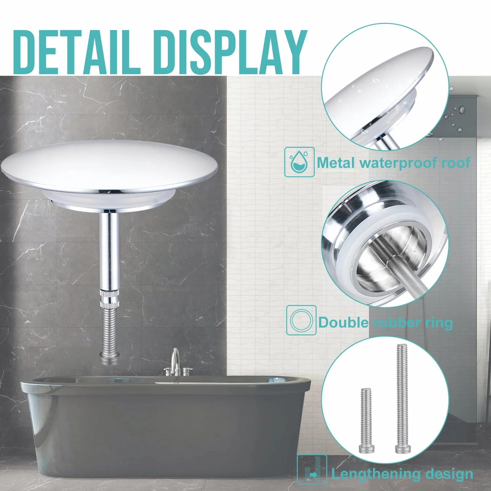 Bouchon de vidange de Baignoire chromé 70 mm réglable 4,0-7,5 cm Double Joint d'étanchéité