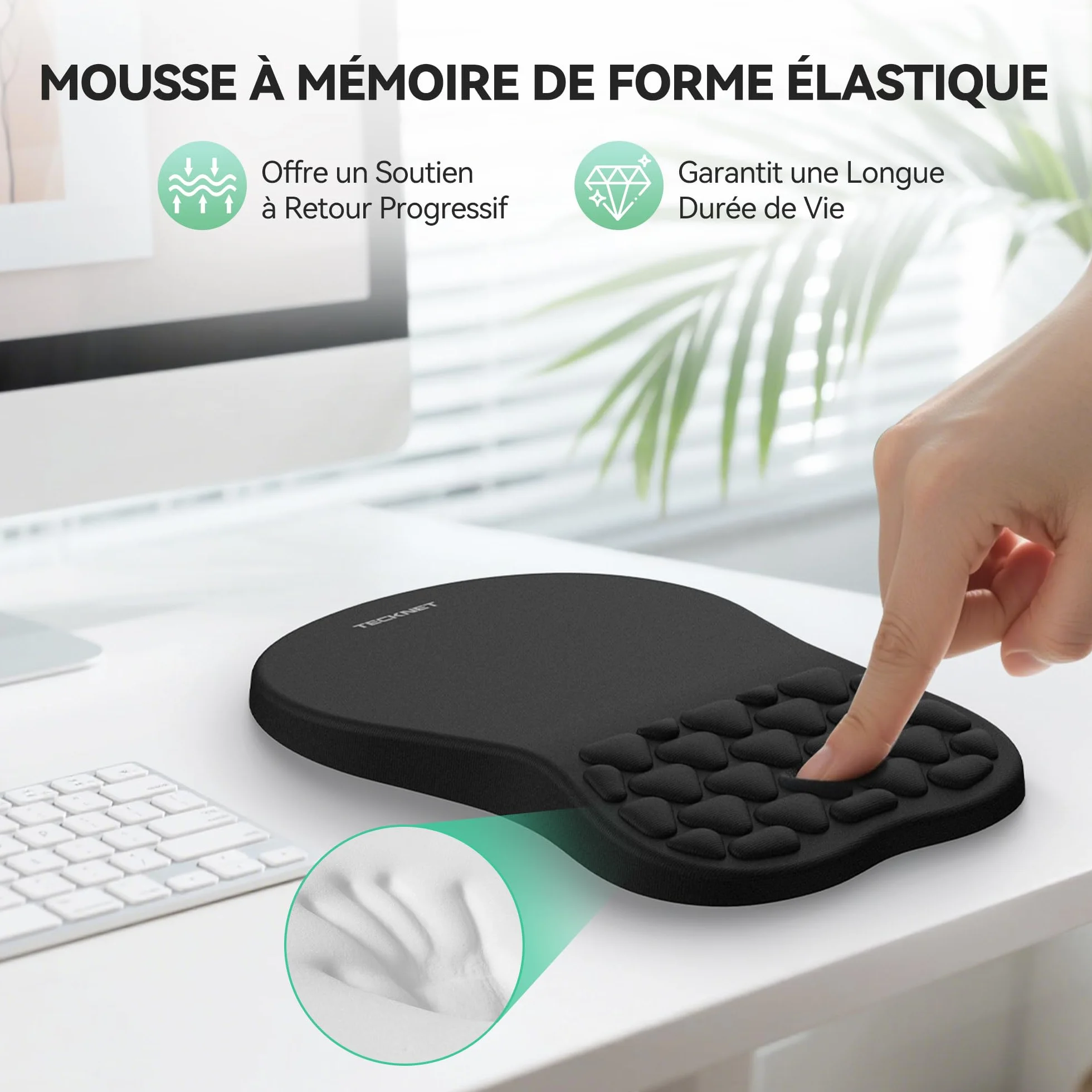 TECKNET Tapis de Souris avec Coussinet Massant Mousse Mémoire, Base Silicone Antidérapante Lavable