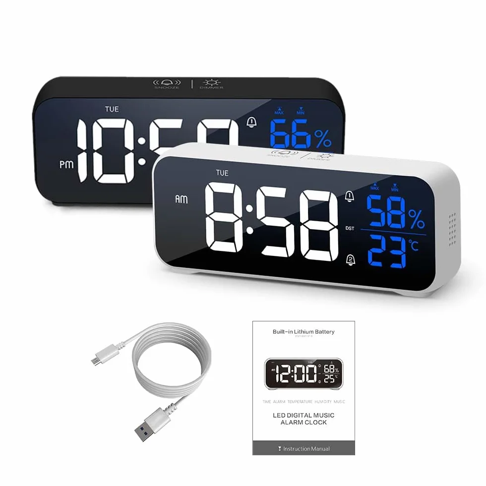 Réveil Numérique Miroir LED avec Fonction Snooze, Grand Écran Température, Alarme USB 12/24H