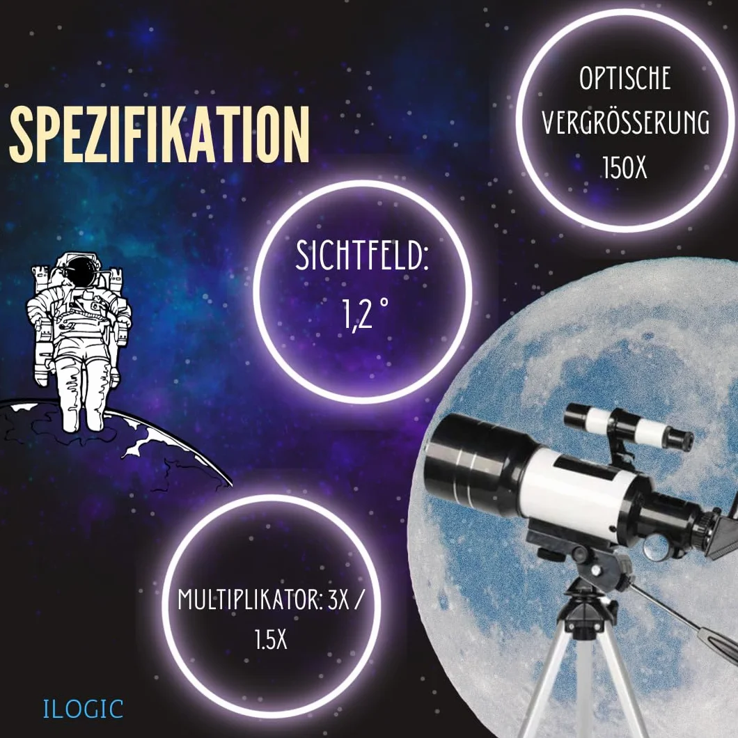 iLogic Teleskop astronomiczny z soczewką Barlow X3 i dwoma okularami powiększającymi do powiększenia od x18 do x180! luneta refraktorowa + okulary + akcesoria teleskopowe iLogic F30070M