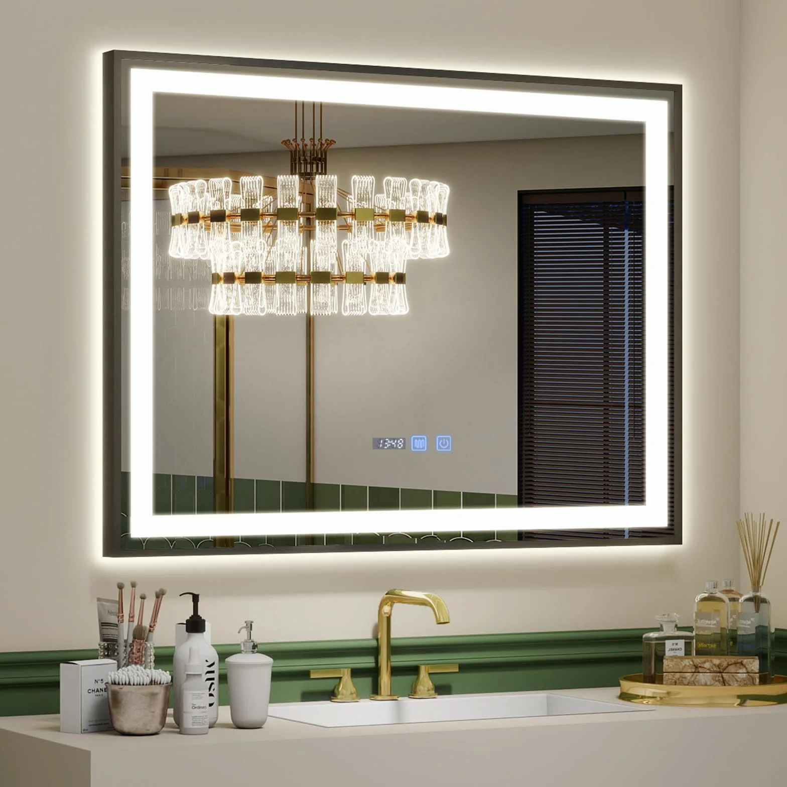YU YUSING Miroir de Salle de Bain LED 70x50cm, Miroir Lumineux Cosmétique Mural avec 3 Couleurs de Lumière Réglables, Cadre Métallique, Affichage L'heure, Anti-buée, IP44 Étanchéité, Horizontal