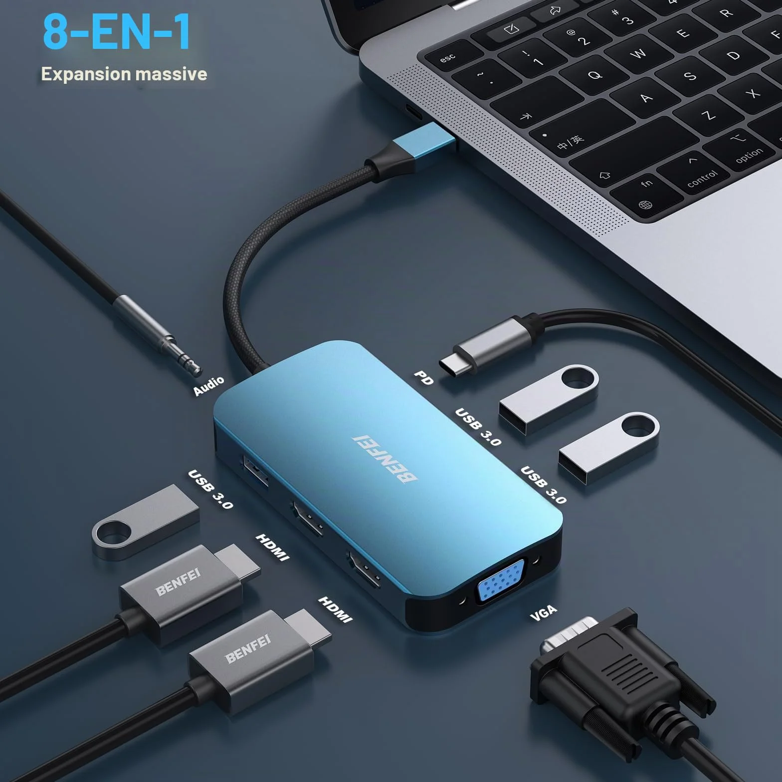 BENFEI Hub USB C MST 8 en 1 USB-C vers 2 HDMI 1 VGA 3 Ports USB 3.0 100 W Audio 3,5 mm Compatible iPhone 15 Pro MacBook Pro Surface
