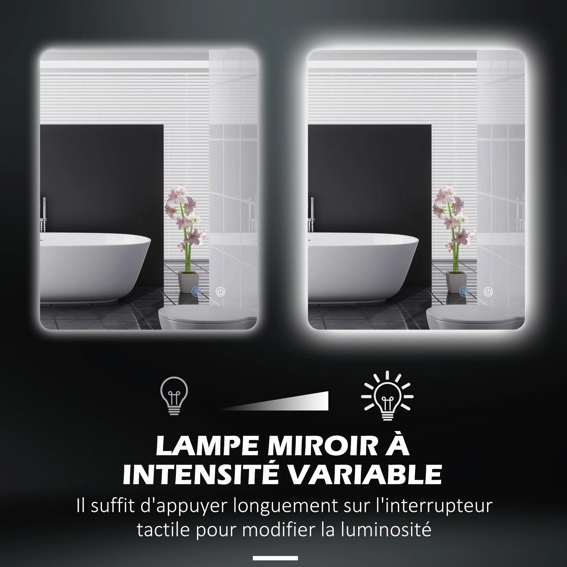 kleankin Miroir rectangulaire Mural Lumineux LED de Salle de Bain - 80 x 60 cm - 3 Couleurs, luminosité réglable Interrupteur Tactile système antibuée Blanc Transparent