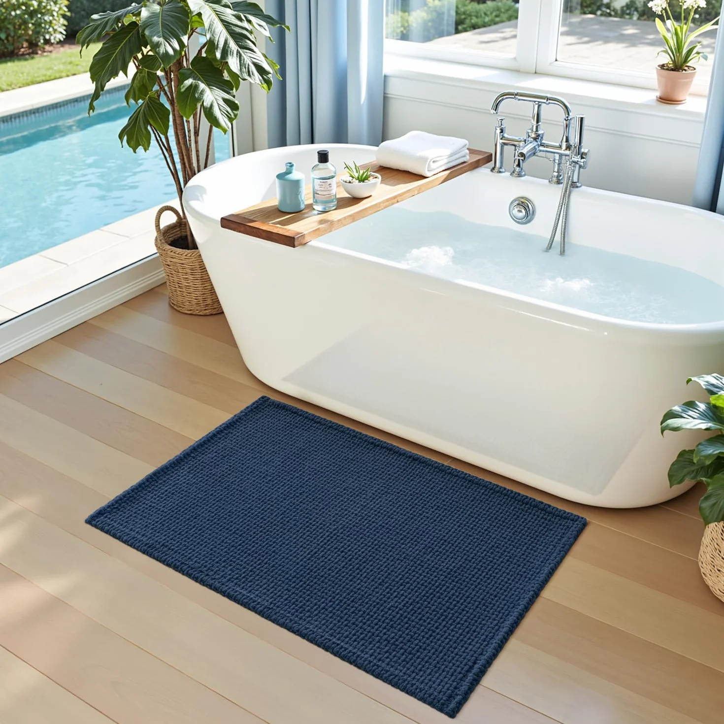 DEXI Tapis Salle de Bain 60 x 110 cm Chenille Antidérapant Lavable Bleu
