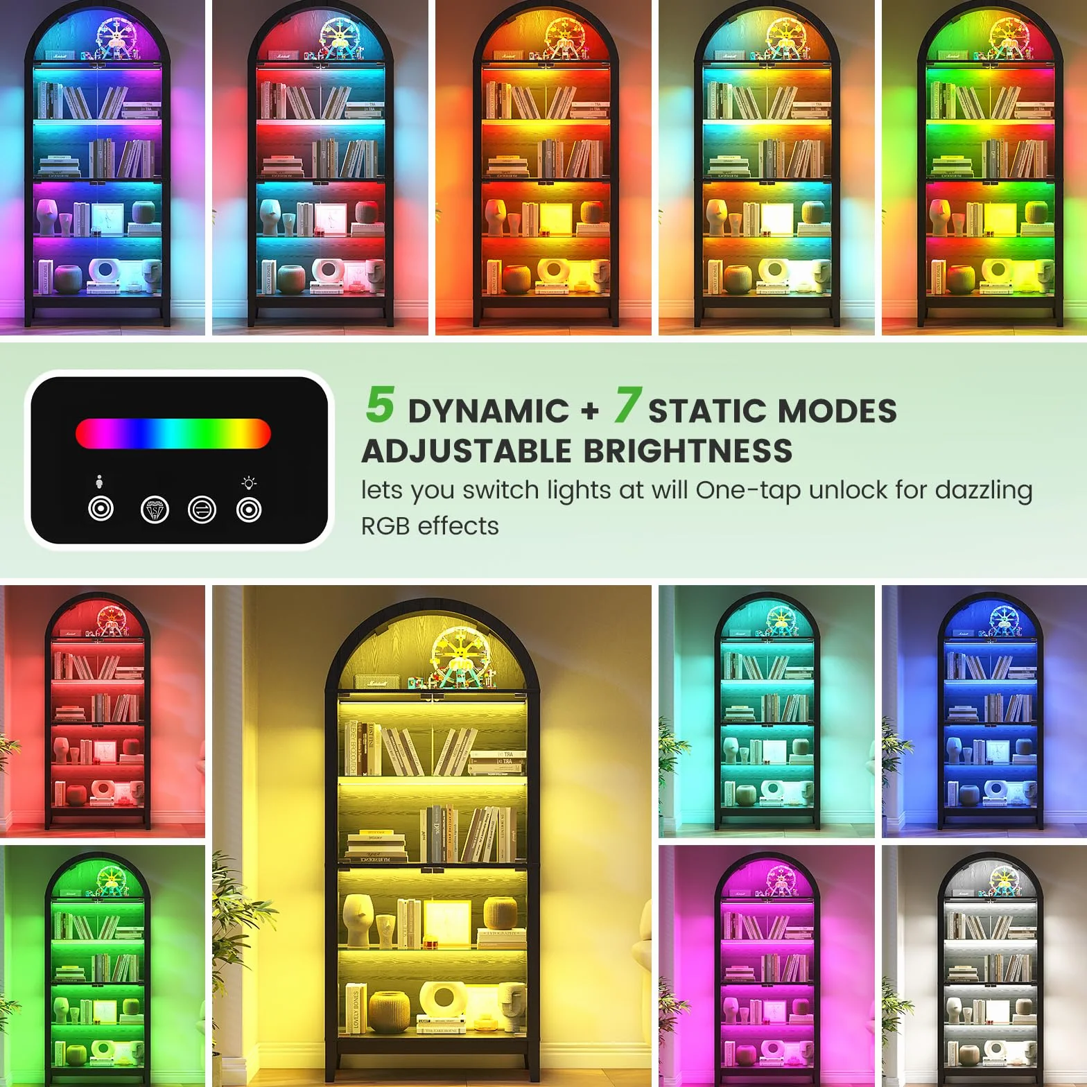 Gurexl 175 CM RGB Vitrine en Verre avec Capteur Humain,Vitrine Cintrée avec Éclairage Dynamique,Vitrine sur Pied avec Cloison vitrée Réglable pour Salon,Chambre,Figurines,Maquettes,Trophées,Noir