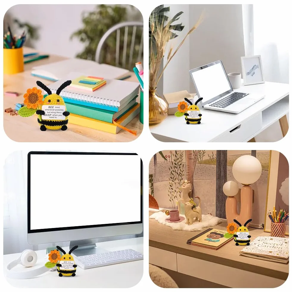 Poupée abeille au crochet faite à la main avec tournesol, peluche positive pour décoration de bureau, cadeau d'encouragement