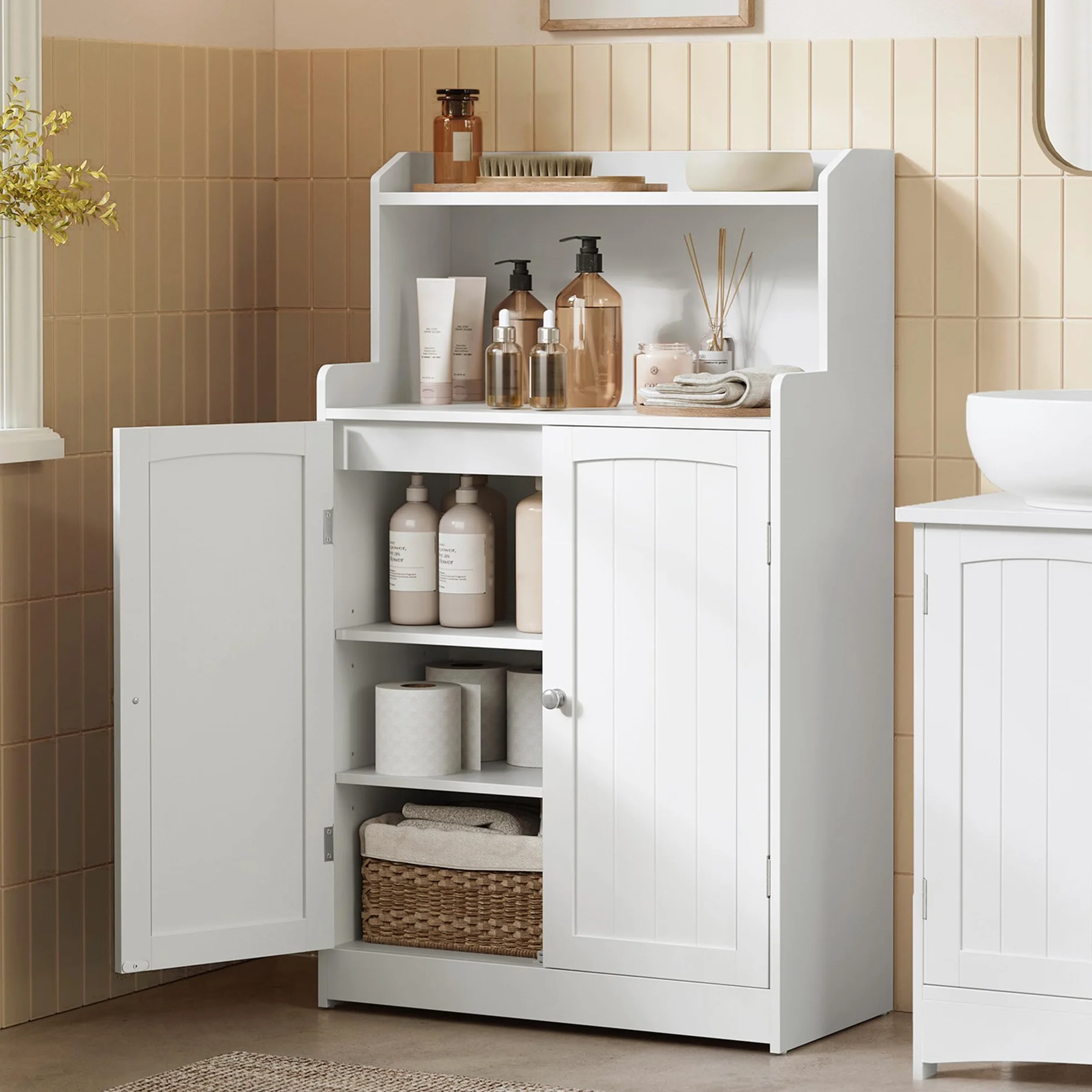VASAGLE 100 cm de Hauteur Meuble de Salle de Bain, Meuble de Rangement, Armoire, 2 Portes, 2 Étagères Réglables, pour Salle à Manger, Cuisine, Salon, Blanc Nuage BBC770W01