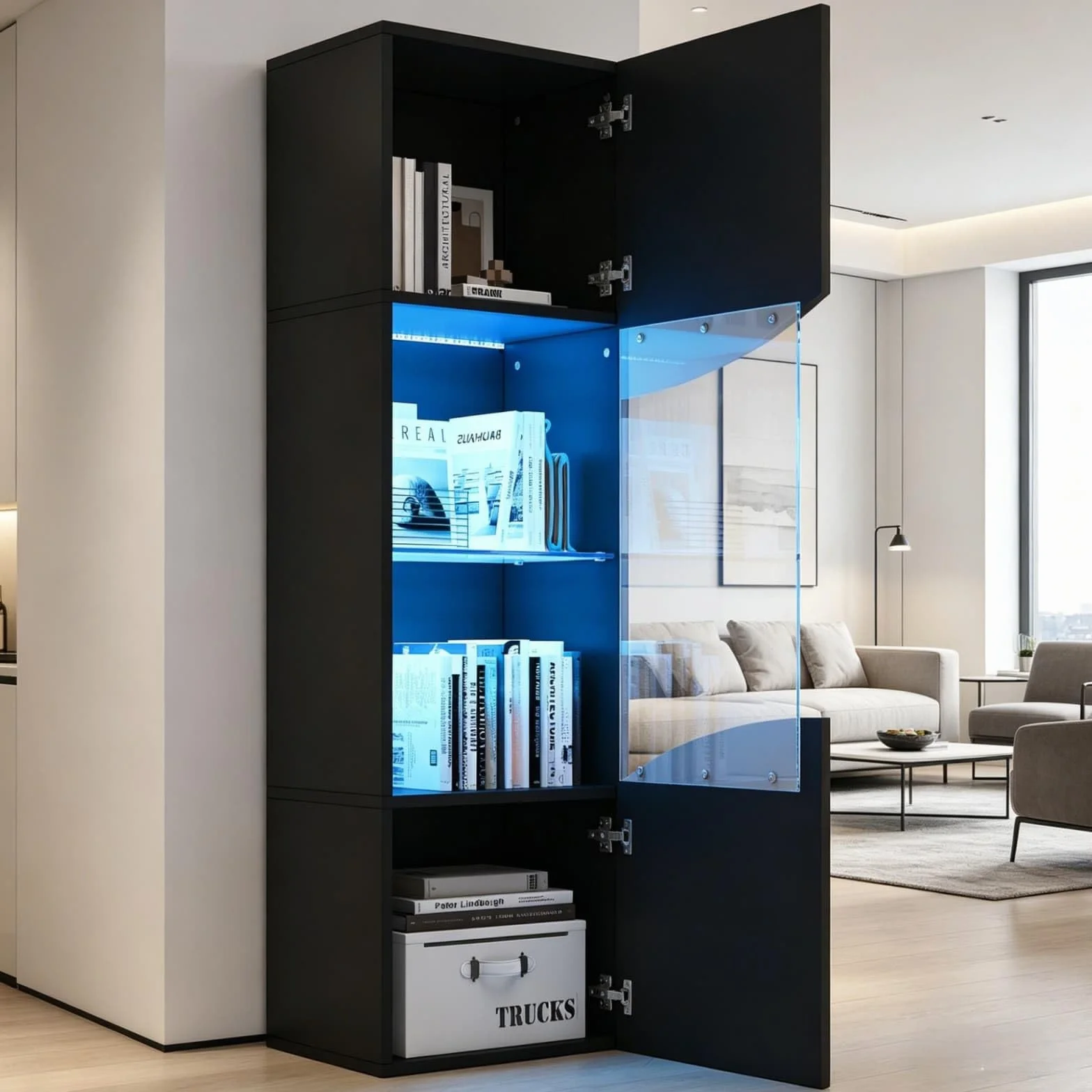 KOMHTOM Armoire Vitrine LED 35x50x165cm, Meuble Exposition Mural avec Éclairage USB, Design Contemporain pour Salon Bureau, Panneau Particules Noir Haut-Brillant(35x50x165cm)