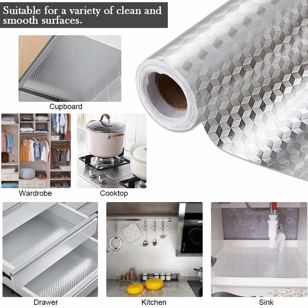 Feuille Aluminium Autocollante 40cm x 2M Rouleaux Anti-moisissure Etanche Anti-Huile Cuisine Argent