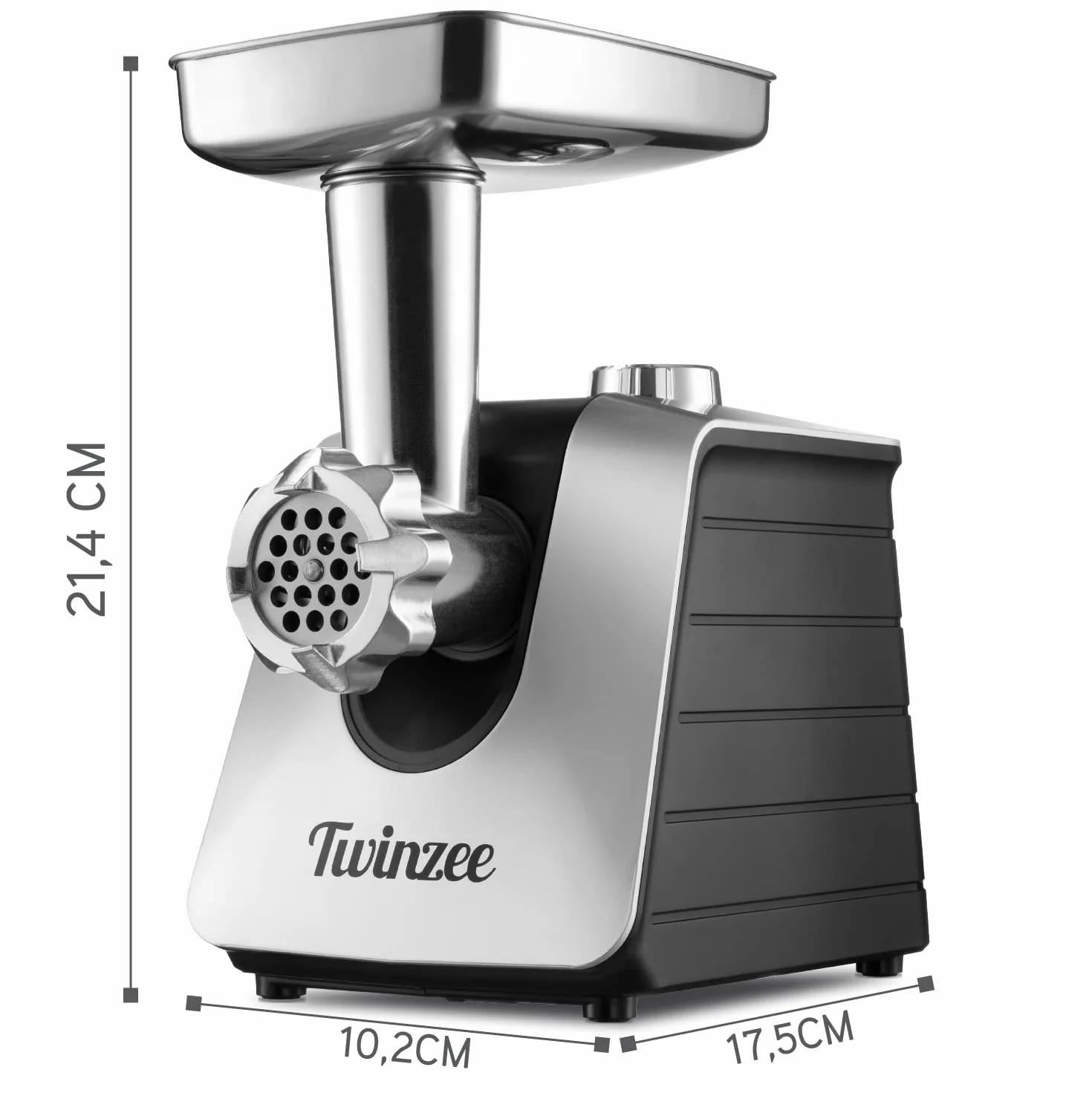 Twinzee Hachoir à Viande Électrique (Noir) - Hachoir Électrique Polyvalent avec 3 Plaques de Coupe en Métal et 3 Embouts à Saucisses, 1500W Max