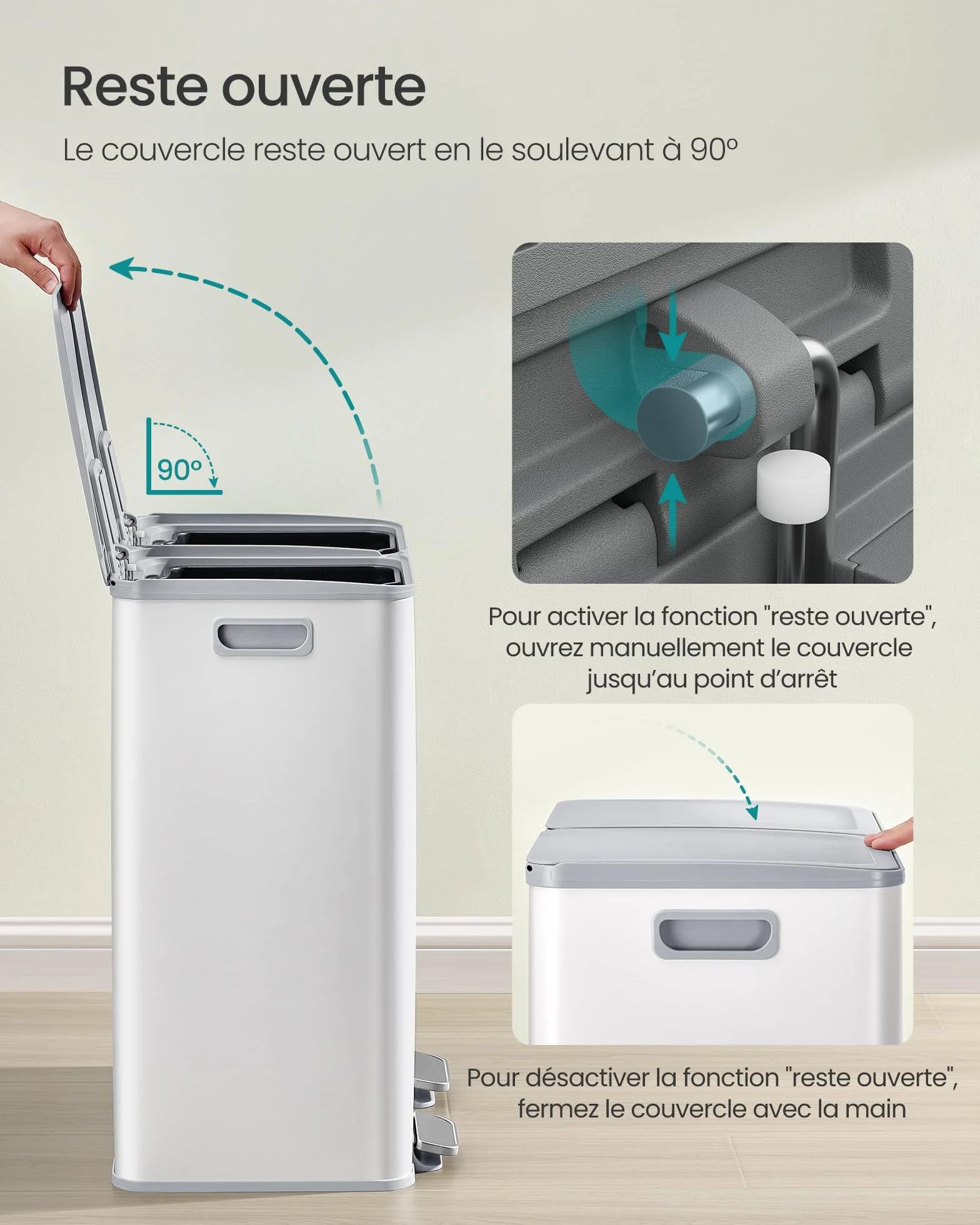 SONGMICS Poubelle de Cuisine 2 x 30 L Acier Inoxydable avec Pédale Blanc Mat LTB741W02