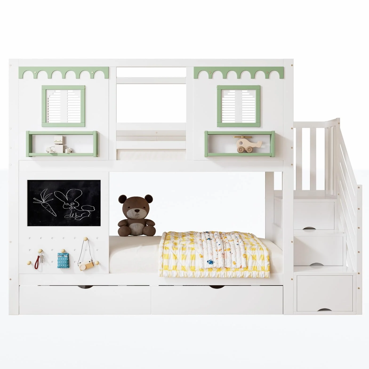 Sweiko Lit superposé 90 x 200 cm avec 2 tiroirs, lit enfant avec petit tableau noir, panneau d'affichage + 5 crochets en bois, armoire de rangement intégrée sous l'escalier, blanc + vert, sans matelas