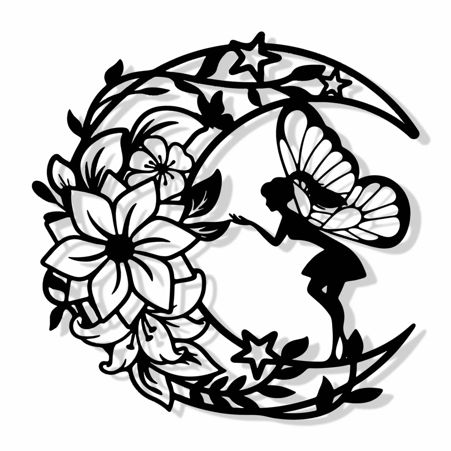 YunBey Décoration Murale Métal Noire Sculpture Fée Fleur Lune 30x30 CM