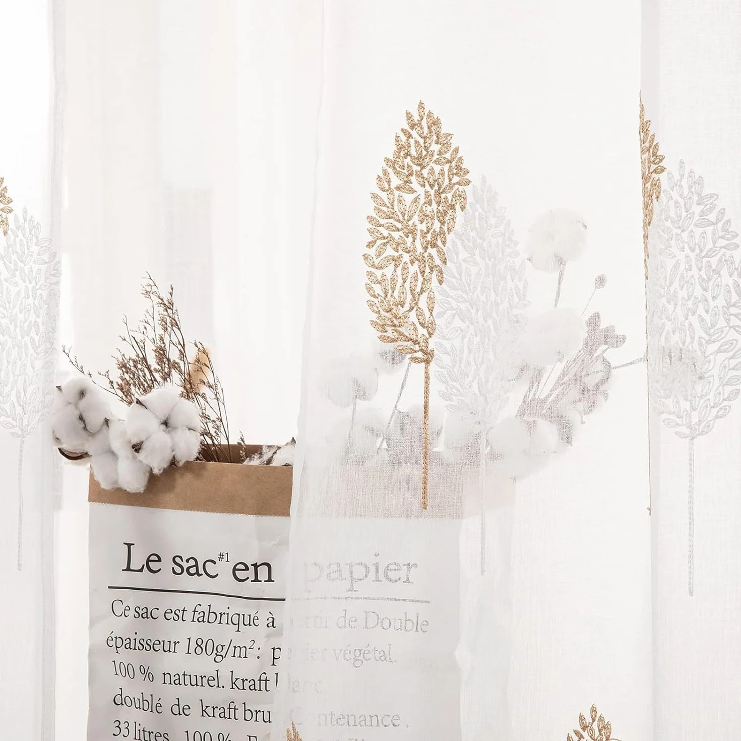 MIULEE Rideaux Voilage avec Beau Motif de Feuilles Brun et Blanc, Intérieurs Rideau Voile Brodé a Oeillets Largeur 140 CM Hauteur 225, Transparent Voilage Fenetre Design Moderne pour Chambre Salon