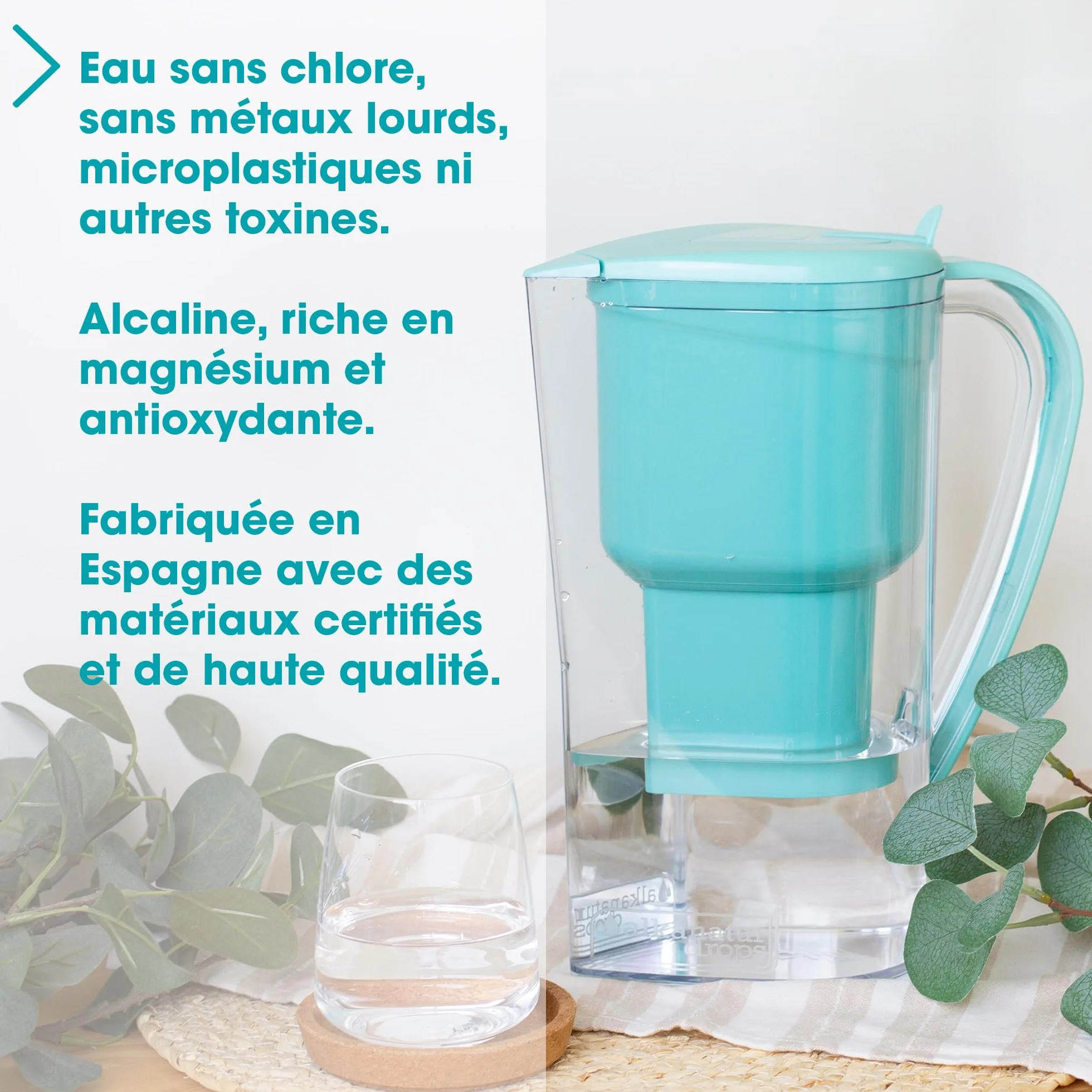 Carafe Filtrante Charbon Actif Eau Maison Alkanatur avec Filtre Zéolite Clinoptilolite Sans Resine Ajoute Magnesium Fabrication Europeenne pH 9 Capacité 1.4L Water Filter Jug Hydrogène Élimine Métaux