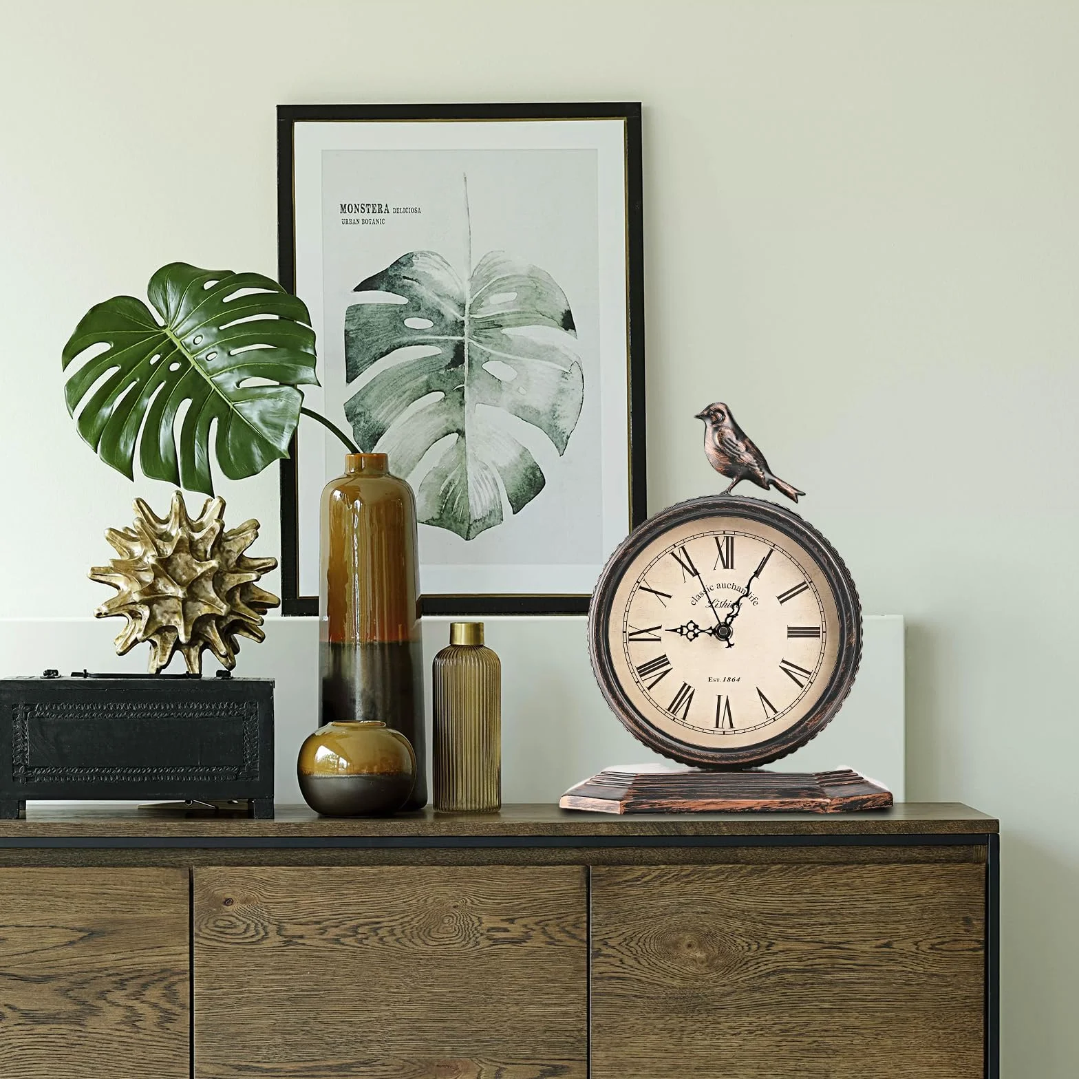 Horloge de Cheminée Antique 20,3 cm Métal Silencieuse Décorative avec Oiseau
