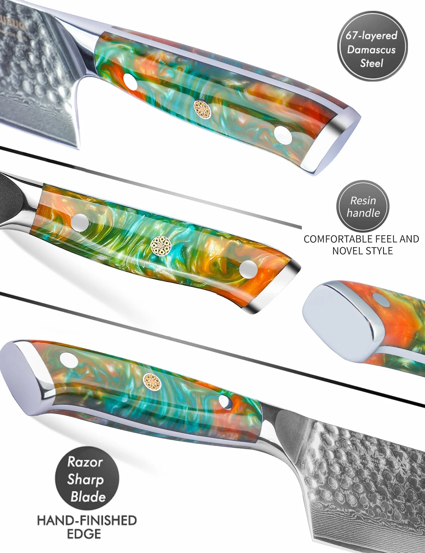 Couteau Nakiri 19,5 cm - Couperet à légumes de cuisine - Couteau japonais Usuba - Acier Damas martelé et manche en résine - Série YAO