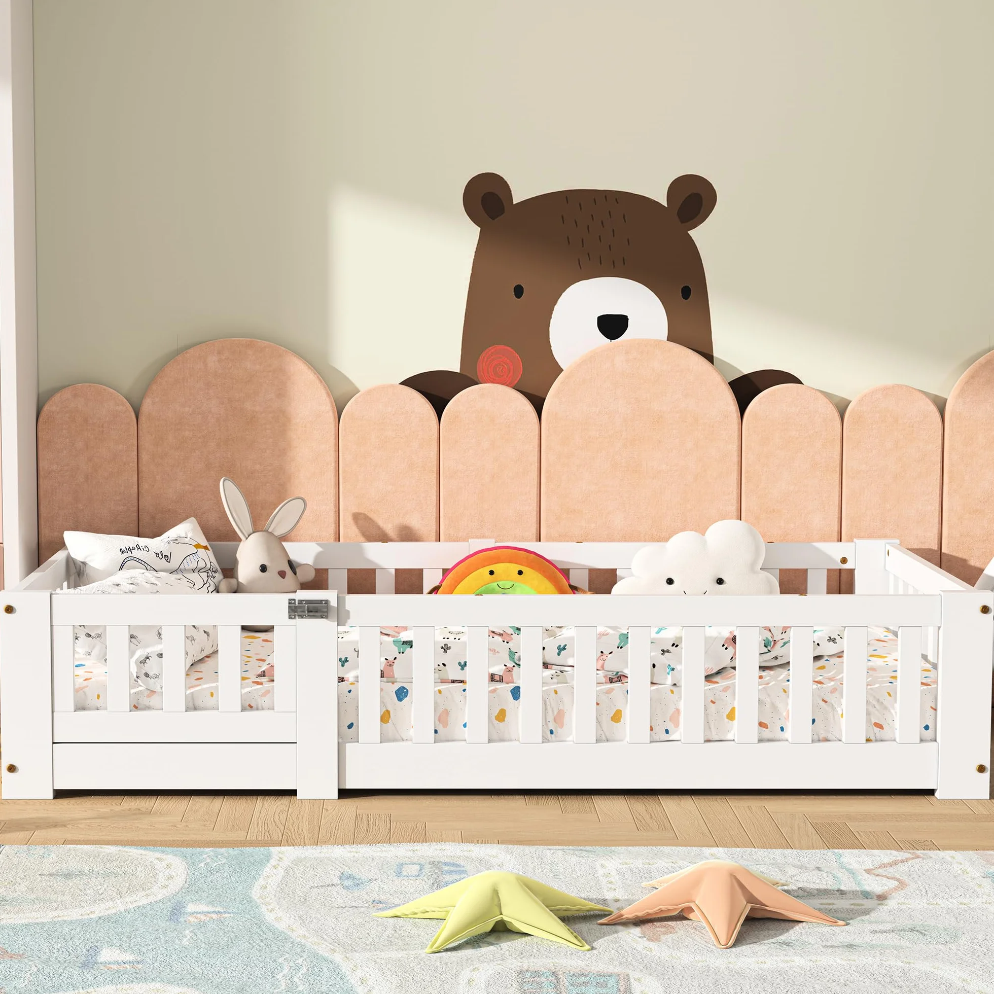 Lit Enfant Montessori au Sol 90x190 cm, Cadre de Lit en Bois de Pin Blanc avec Barrières de Sécurité, Sommier à Lattes pour Garçons et Filles (Matelas Non Inclus)