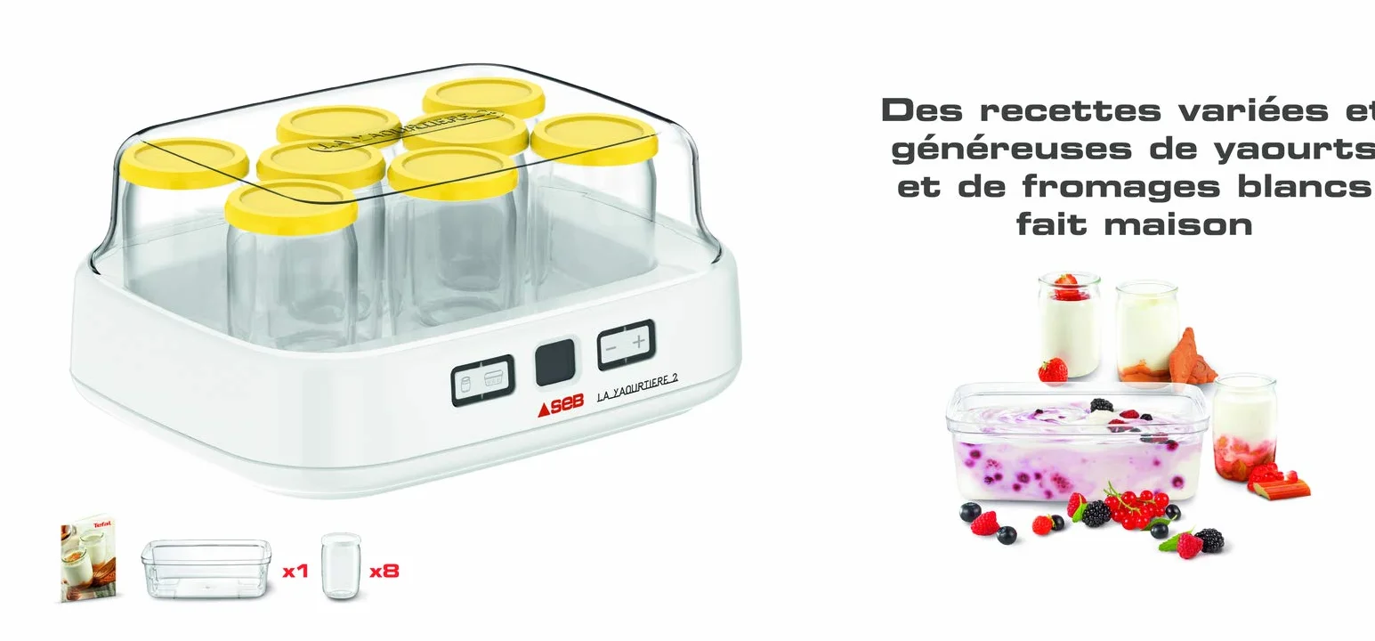 SEB La Yaourtiere 2 Avec écran LCD 2 Programmes automatique Yaourt 8 pots Fromage Blanc Frais 1 L Livret de recettes inclus YG500210