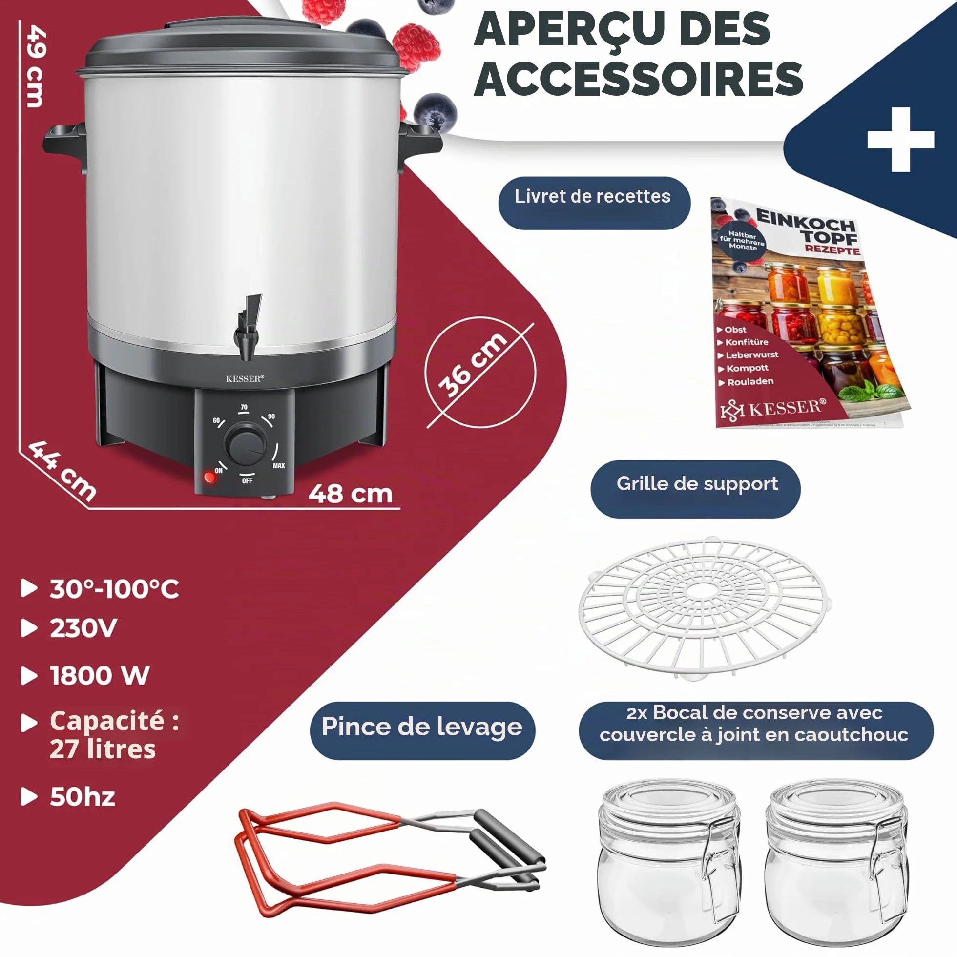 Autocuiseur KESSER 27 litres, acier inoxydable | 1800 watts | Température de 30 à 100 °C | Fonctionnement continu | Arrêt automatique Autocuiseur automatique blanc